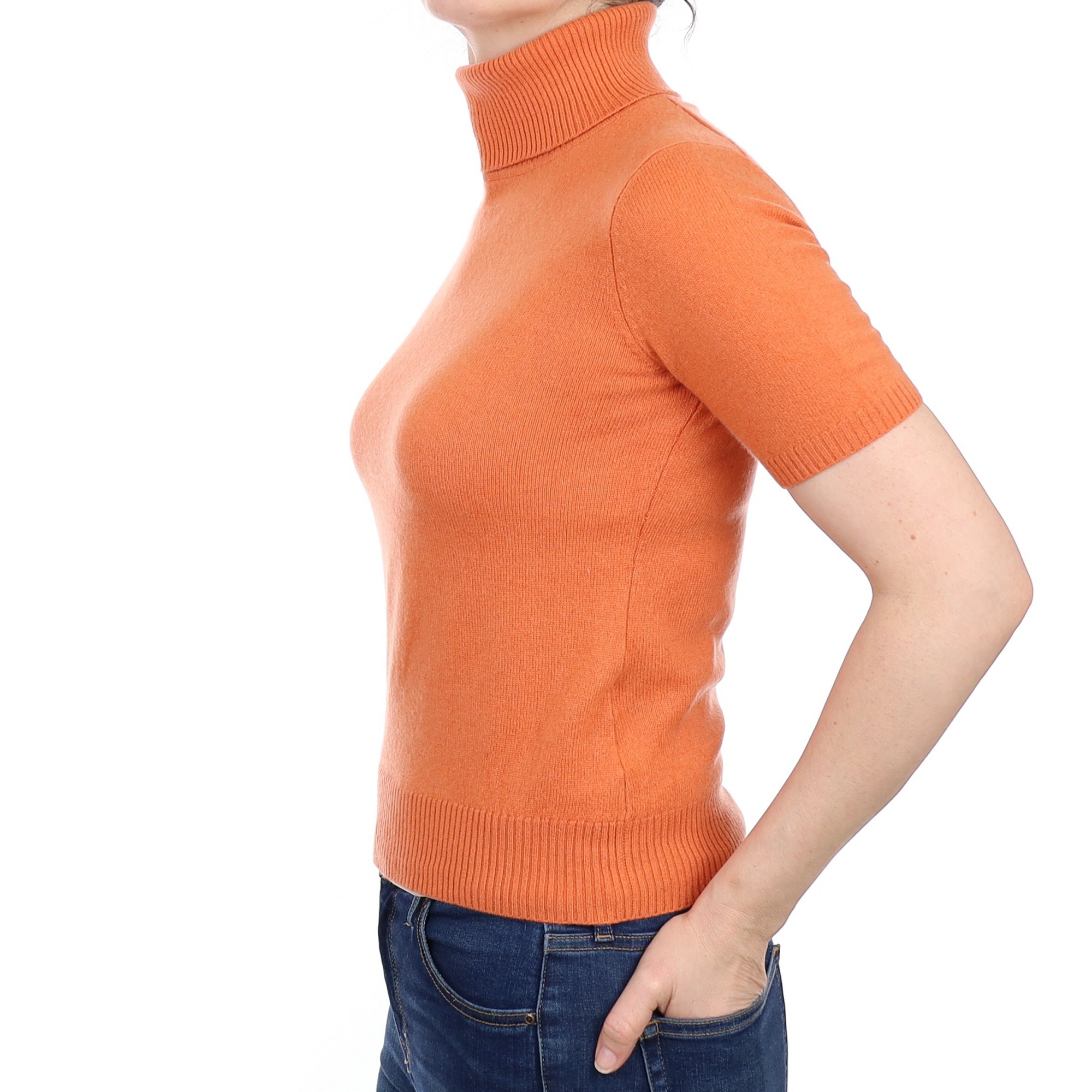 Sunset Orange Cashmere Short Sleeve Turtleneck Jumper Small