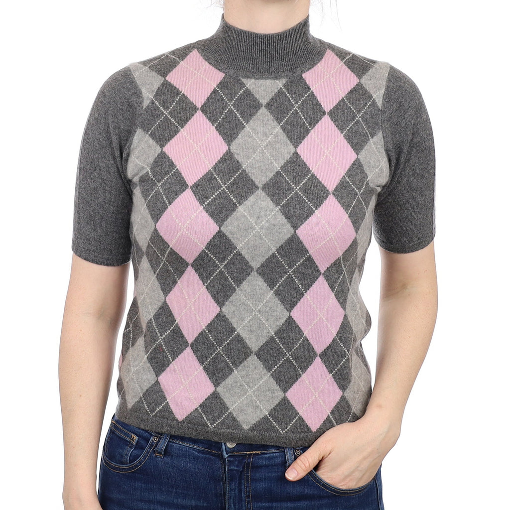 Grey and Pink Argyle Cashmere Short Sleeve Turtleneck Jumper Small