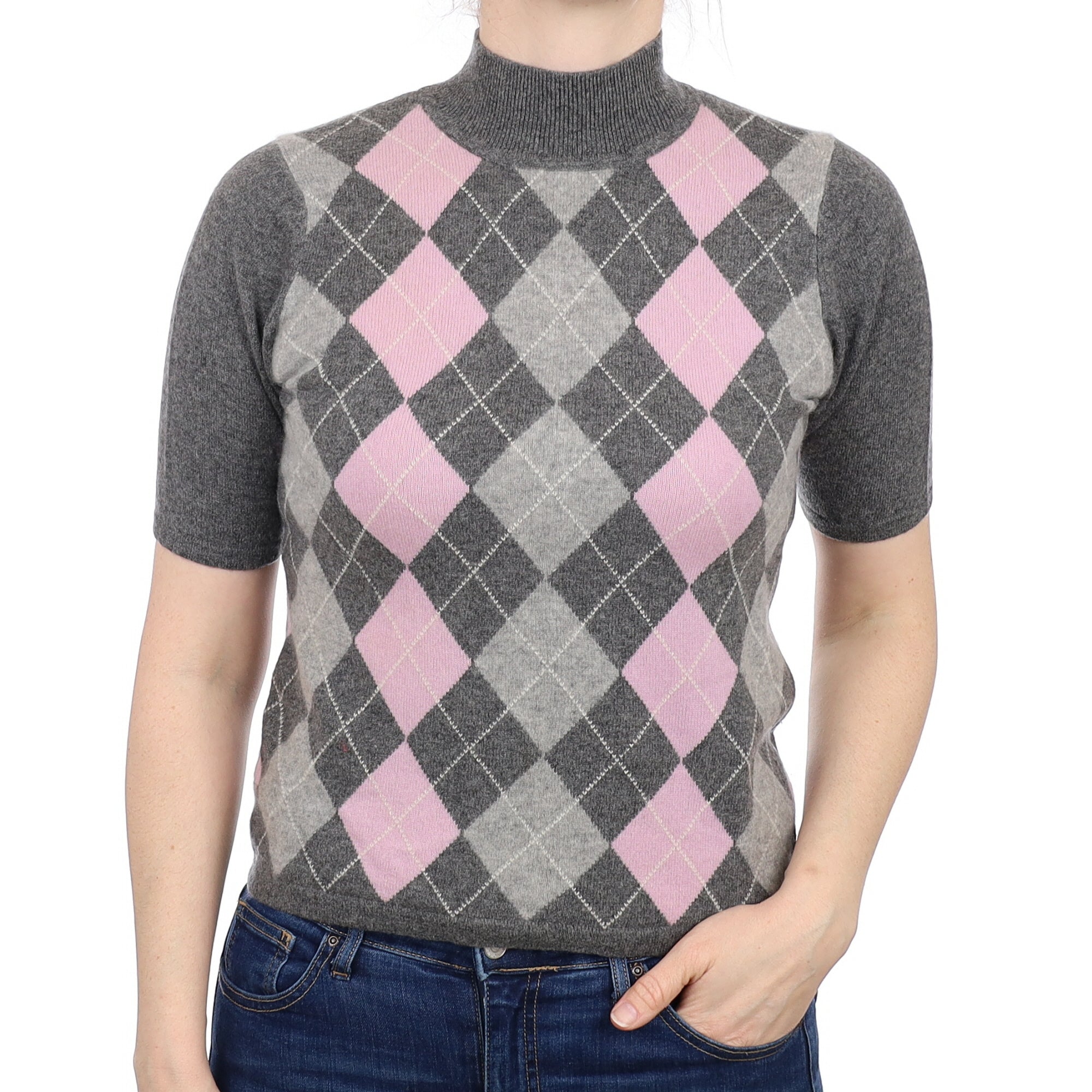 Grey and Pink Argyle Cashmere Short Sleeve Turtleneck Jumper Small