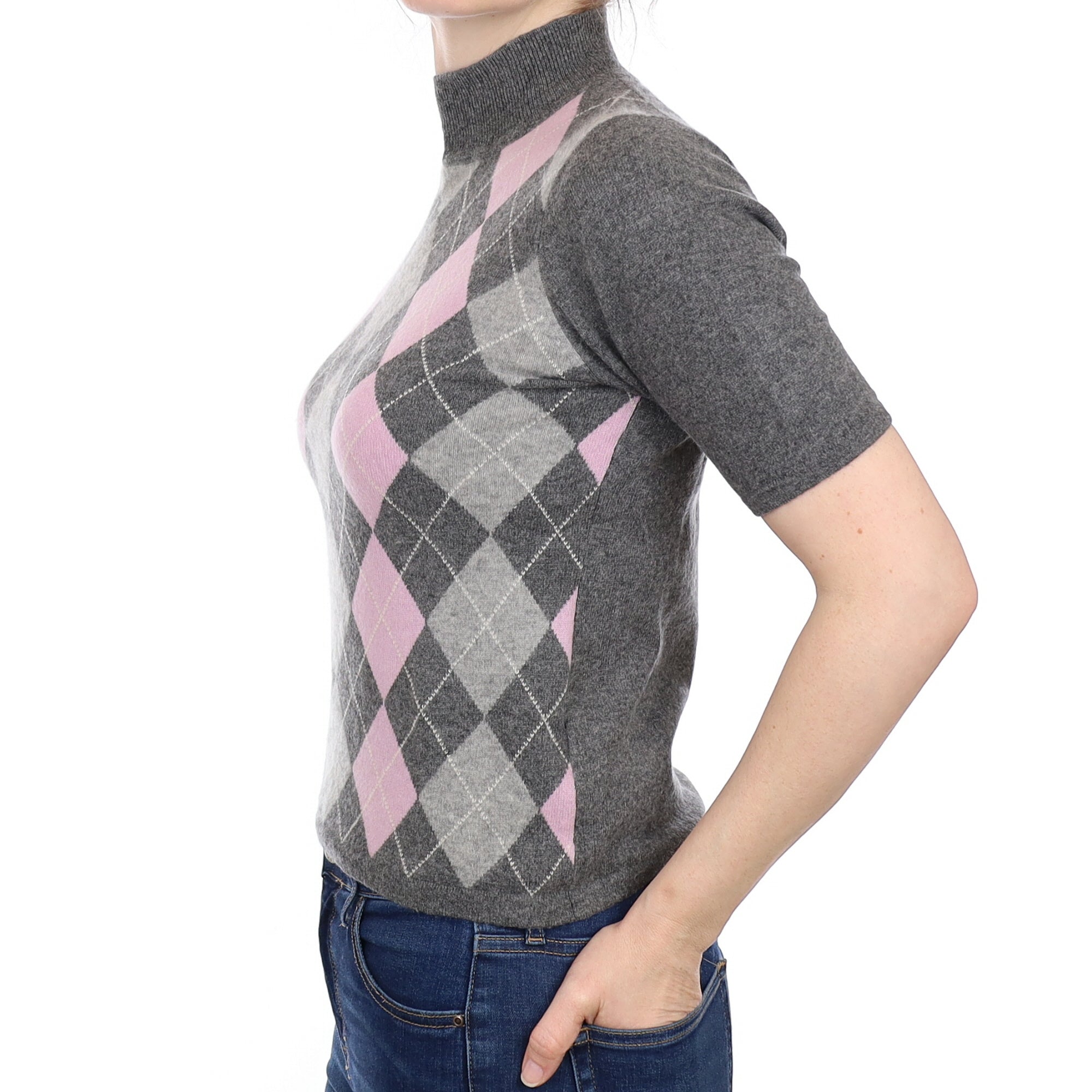 Grey and Pink Argyle Cashmere Short Sleeve Turtleneck Jumper Small