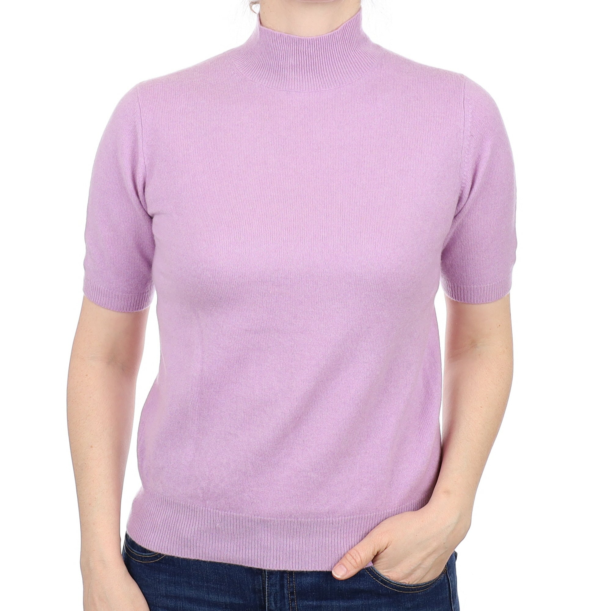 Lilac Purple Cashmere Short Sleeve Turtleneck Jumper Small