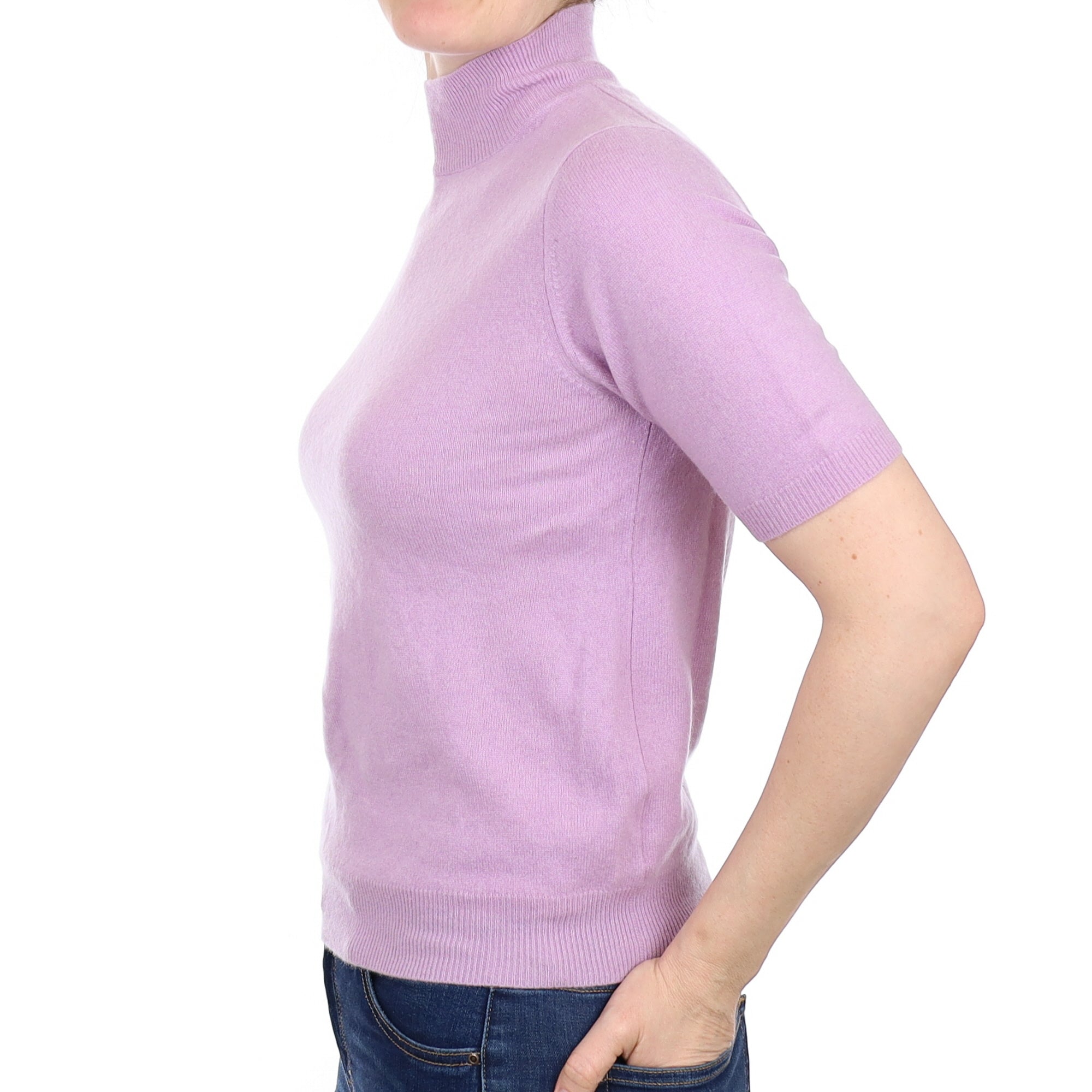 Lilac Purple Cashmere Short Sleeve Turtleneck Jumper Small