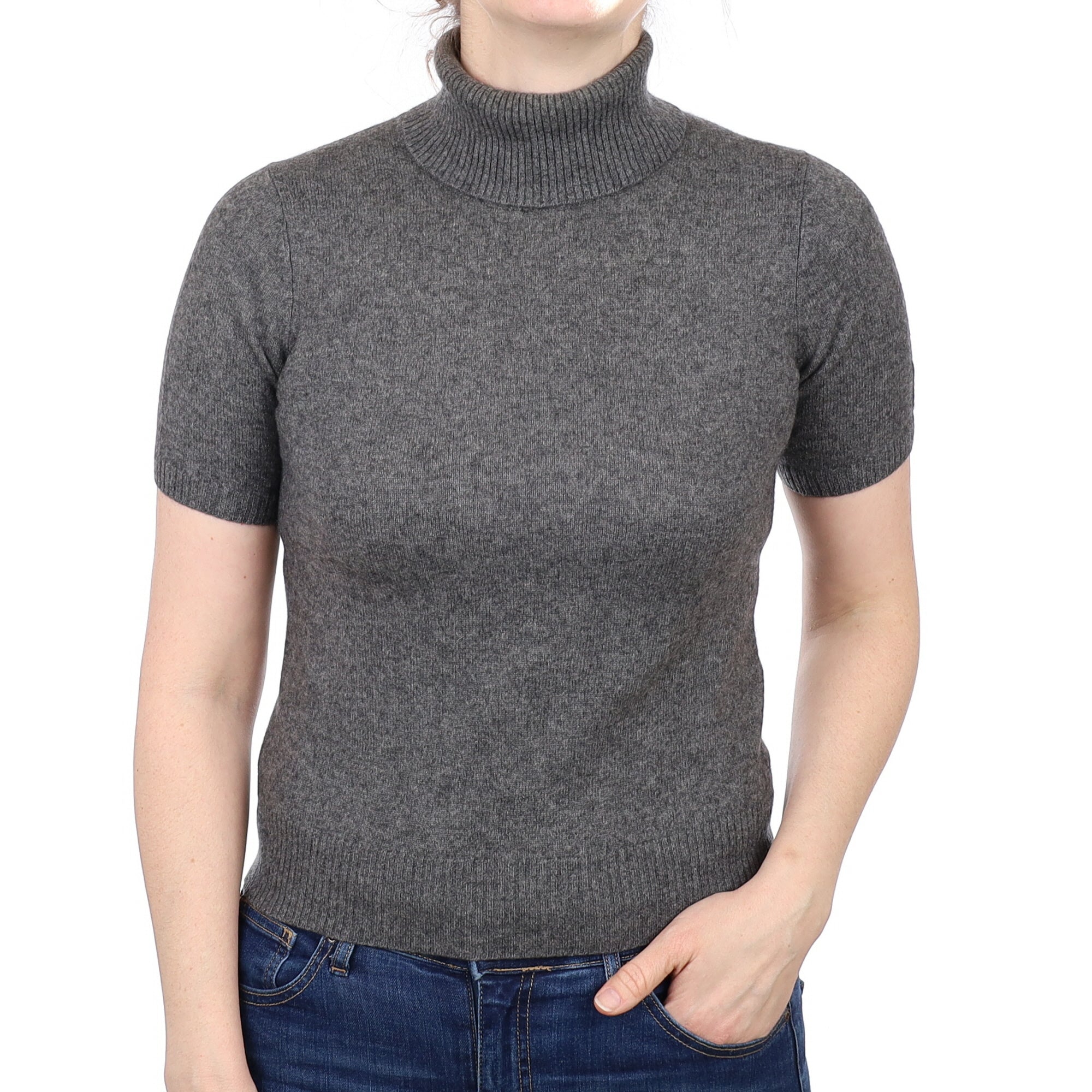 Slate Grey Cashmere Short Sleeve Polo Neck Jumper Small