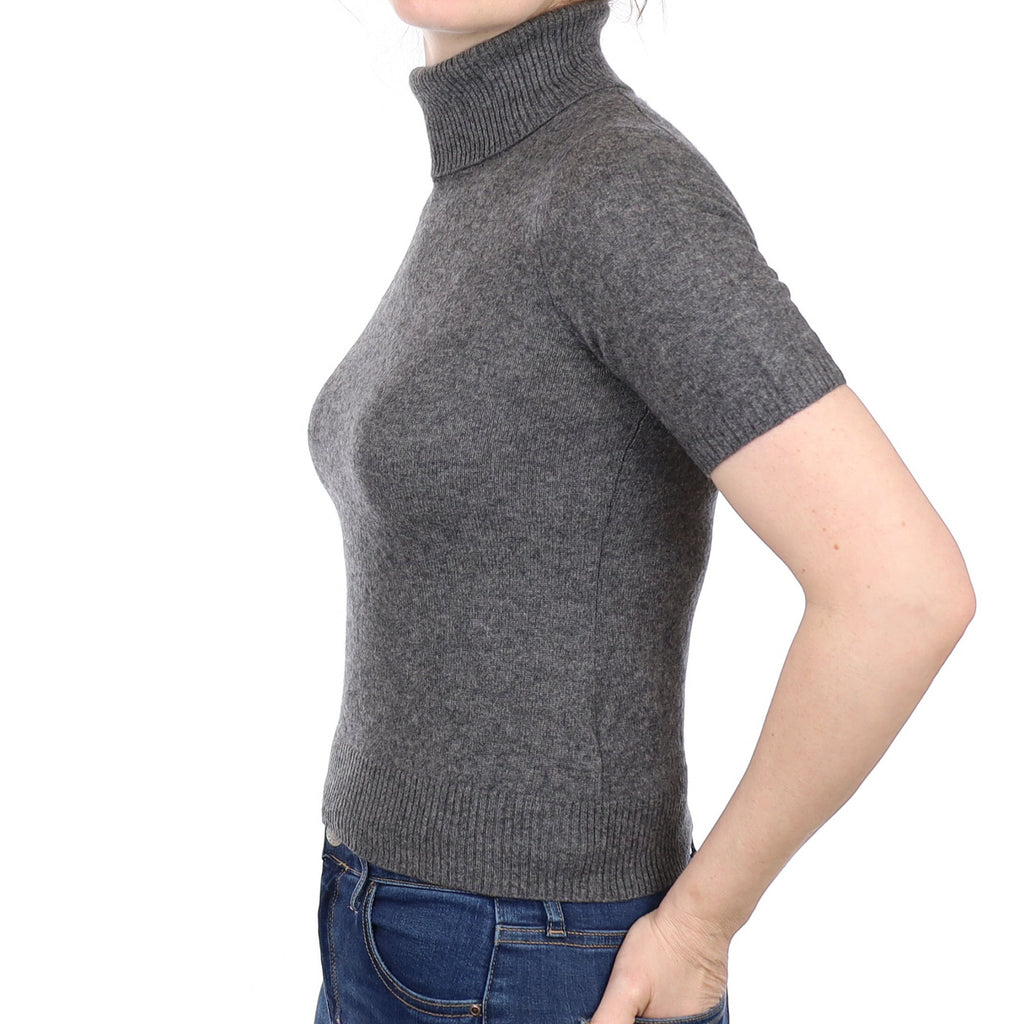 Slate Grey Cashmere Short Sleeve Polo Neck Jumper Small