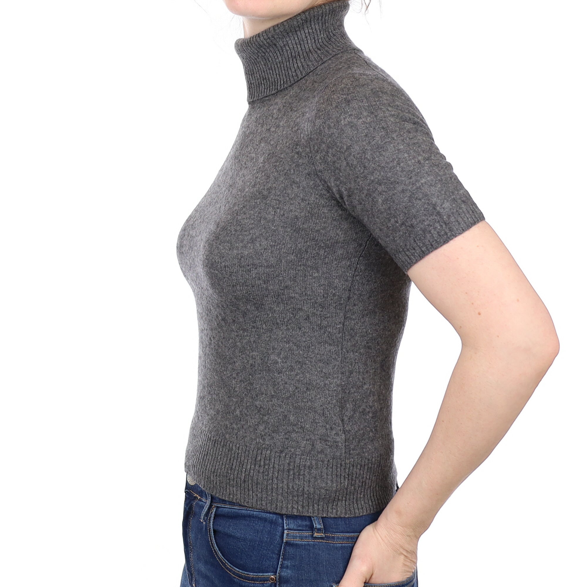 Slate Grey Cashmere Short Sleeve Polo Neck Jumper Small