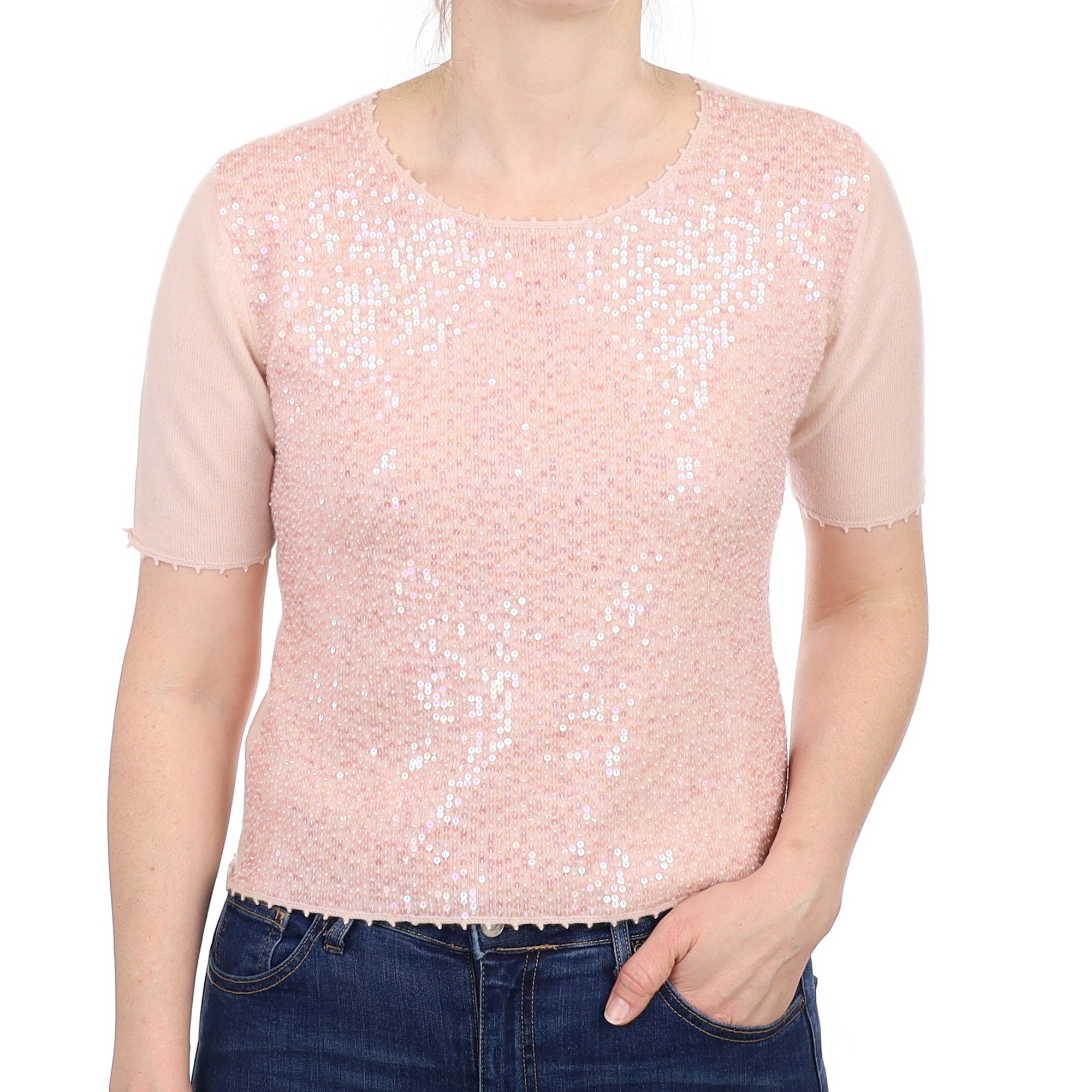 Ice Pink Sequinned Cashmere Short Sleeve Crew Neck Jumper Small