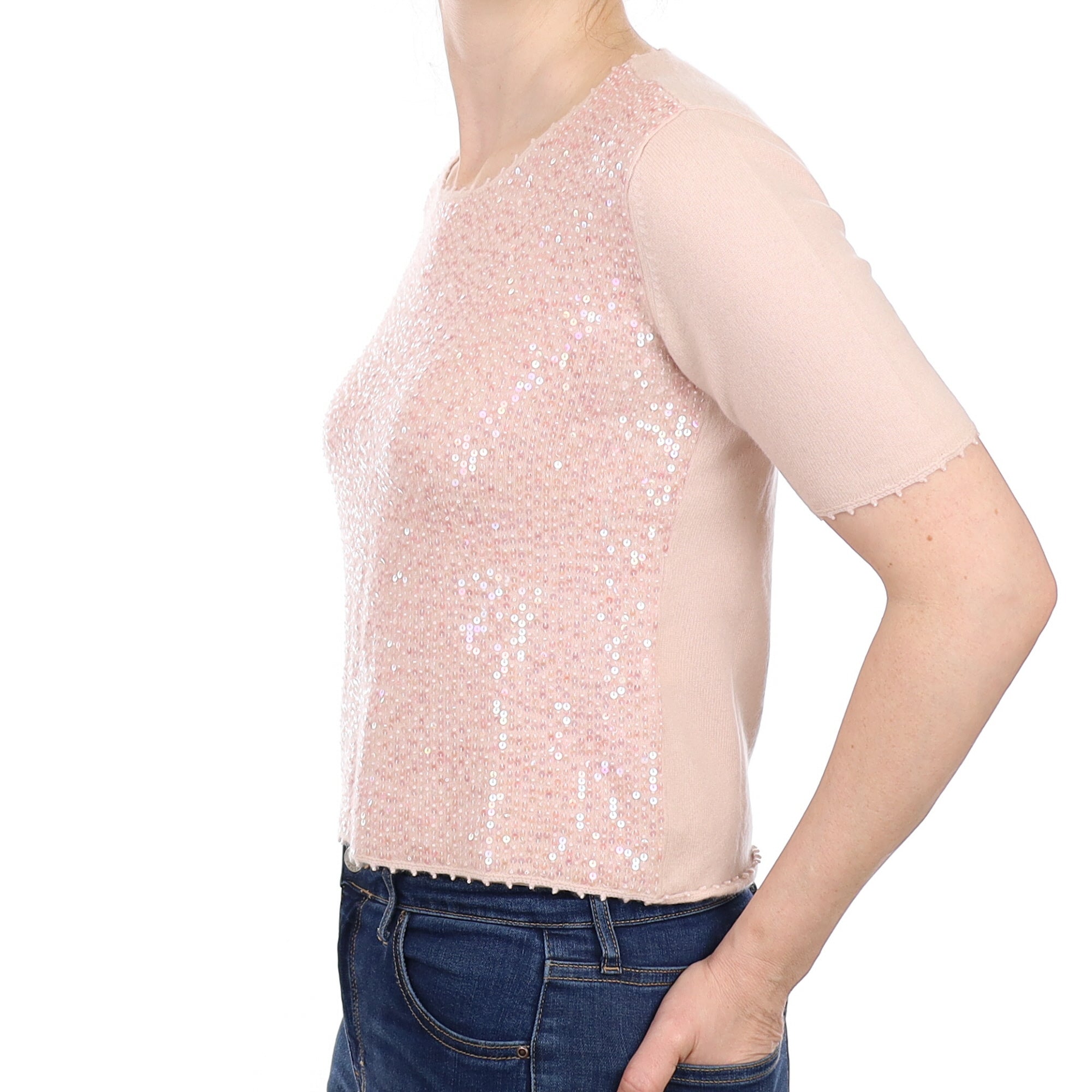 Ice Pink Sequinned Cashmere Short Sleeve Crew Neck Jumper Small