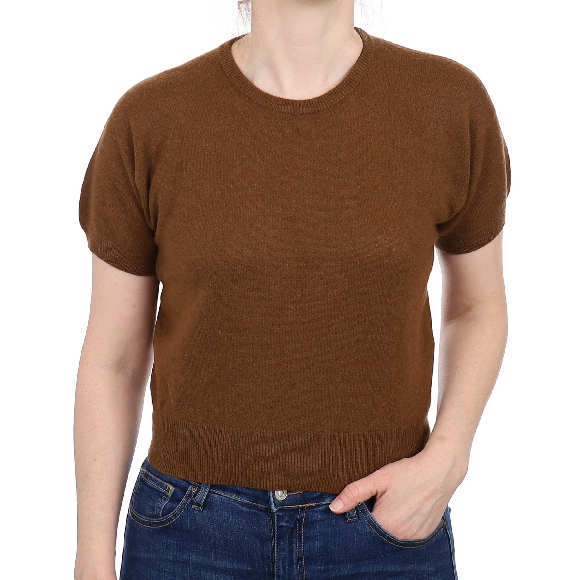 Chestnut Brown Cashmere Short Sleeve Crew Neck Jumper Small