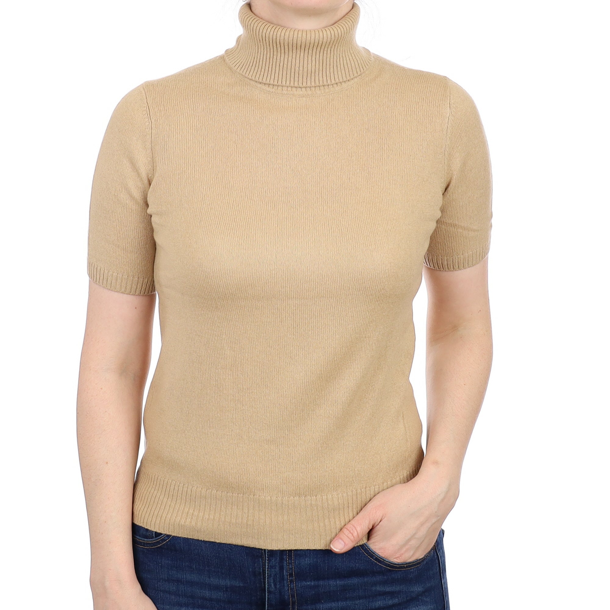 Camel Brown Cashmere Short Sleeved Polo Neck Jumper Small