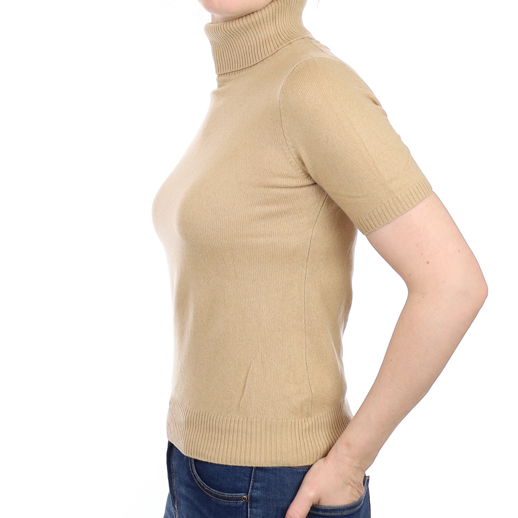 Camel Brown Cashmere Short Sleeved Polo Neck Jumper Small