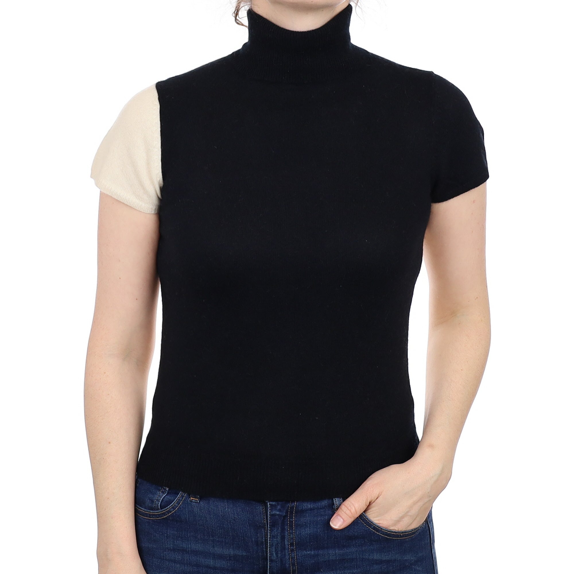 Vanilla Cream and Black Cashmere Short Sleeved  Polo Neck Jumper Small