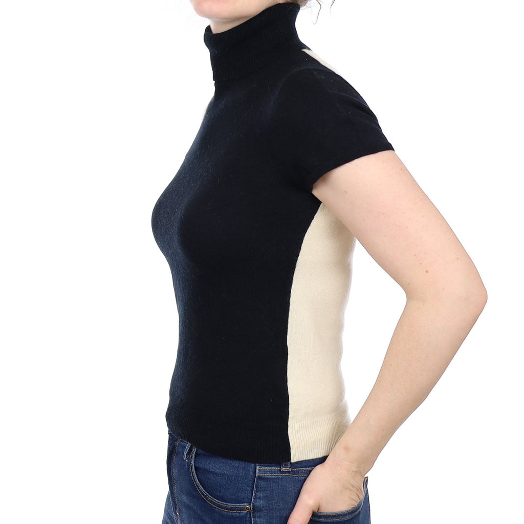 Vanilla Cream and Black Cashmere Short Sleeved  Polo Neck Jumper Small
