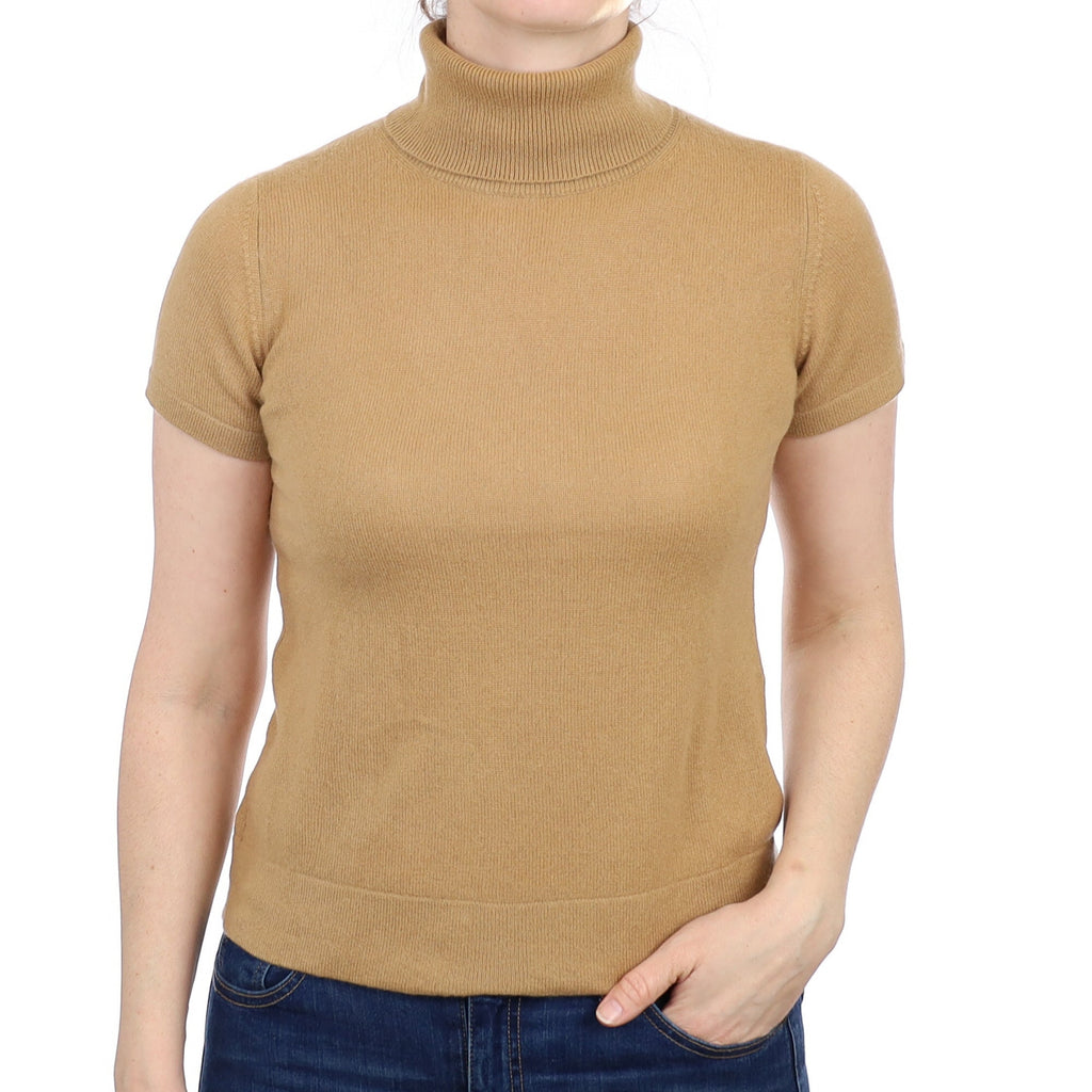 Camel Brown Cashmere Short Sleeved Polo Neck Jumper Small