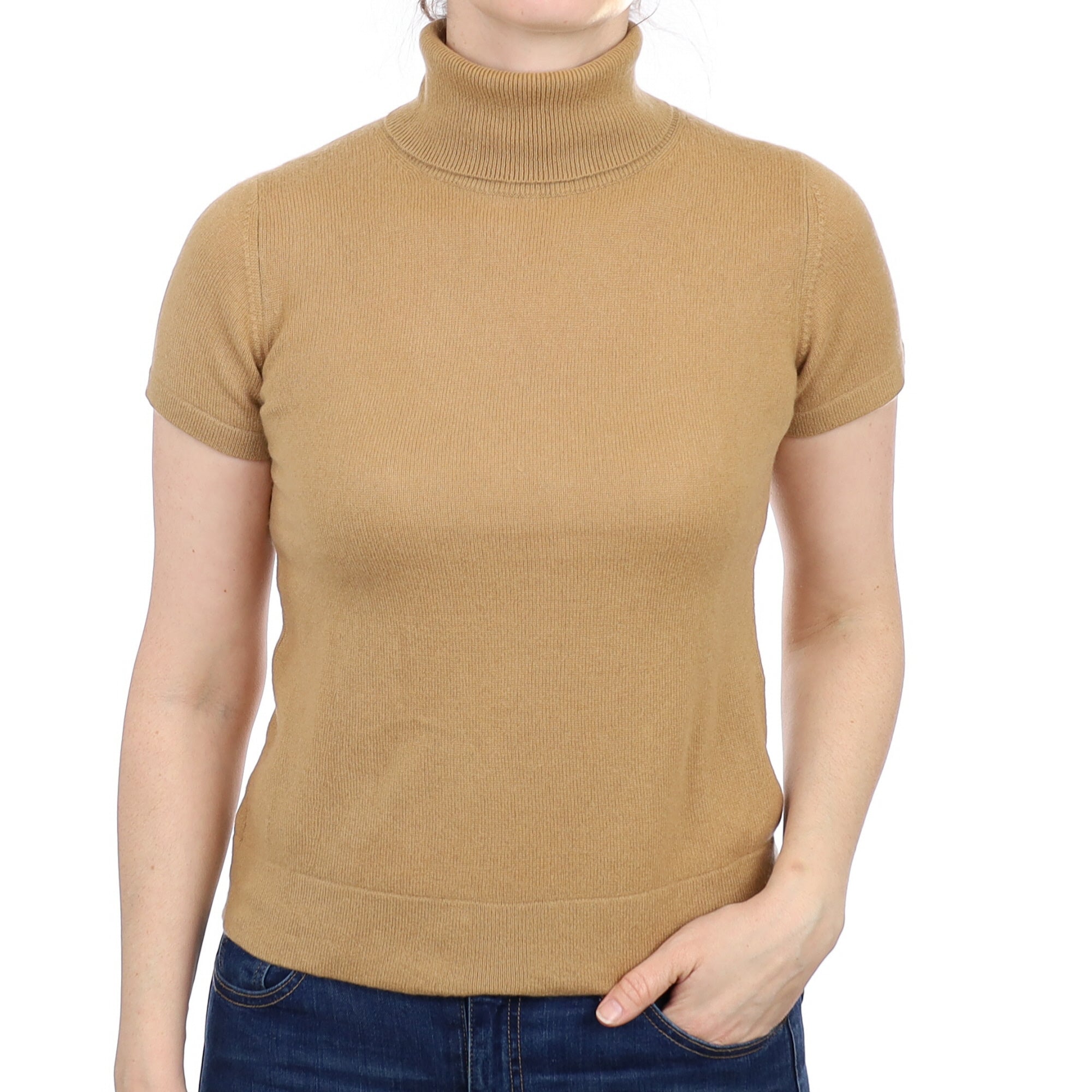 Camel Brown Cashmere Short Sleeved Polo Neck Jumper Small