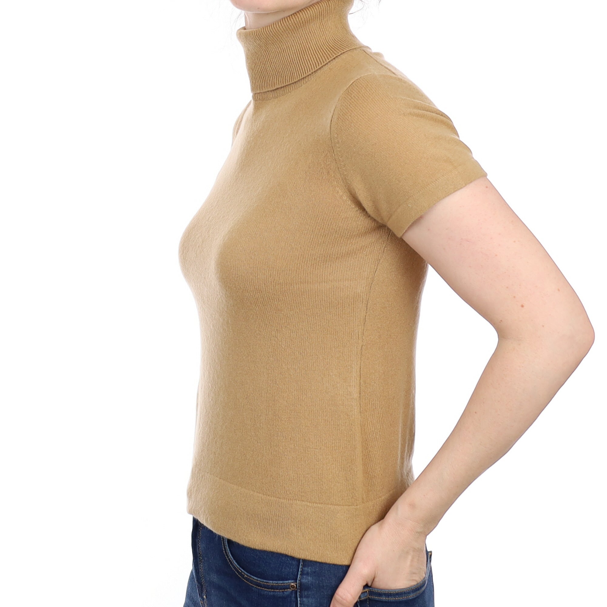 Camel Brown Cashmere Short Sleeved Polo Neck Jumper Small