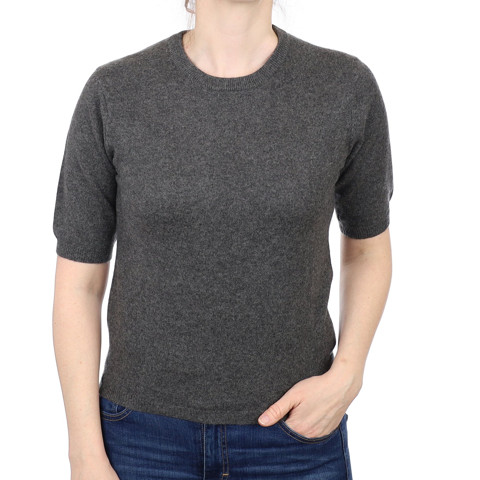 Charcoal Grey Cashmere Short Sleeved Crew Neck Jumper Small
