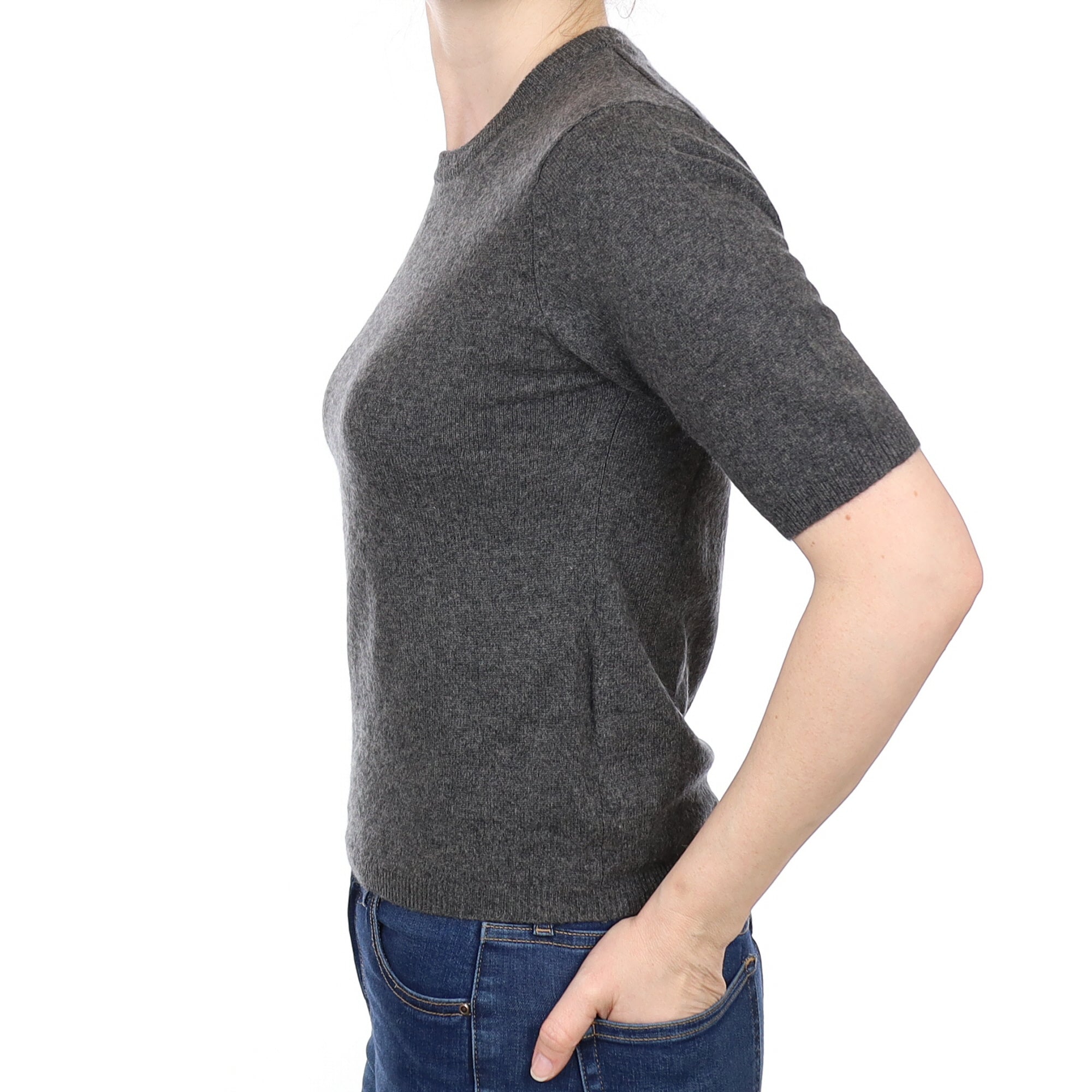 Charcoal Grey Cashmere Short Sleeved Crew Neck Jumper Small