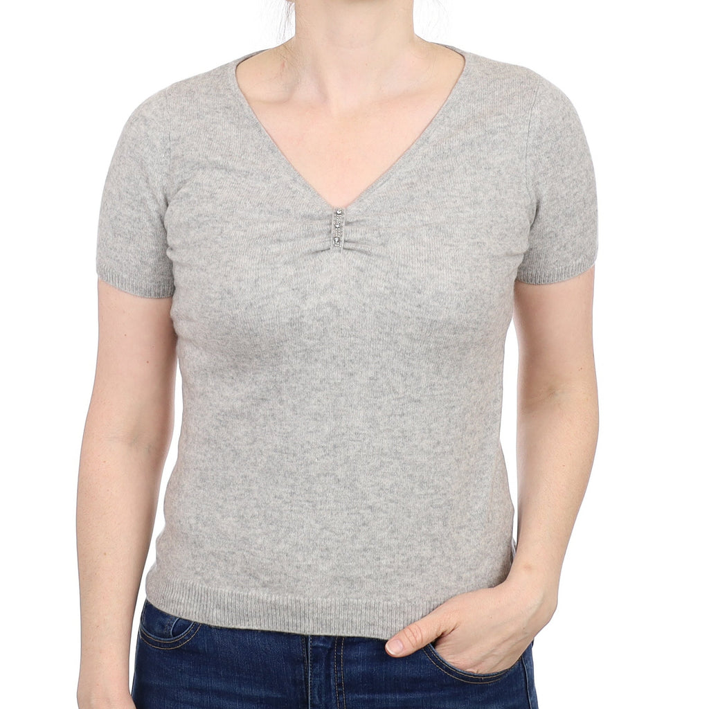 Smoke Grey Cashmere Short Sleeved V Neck Jumper Small
