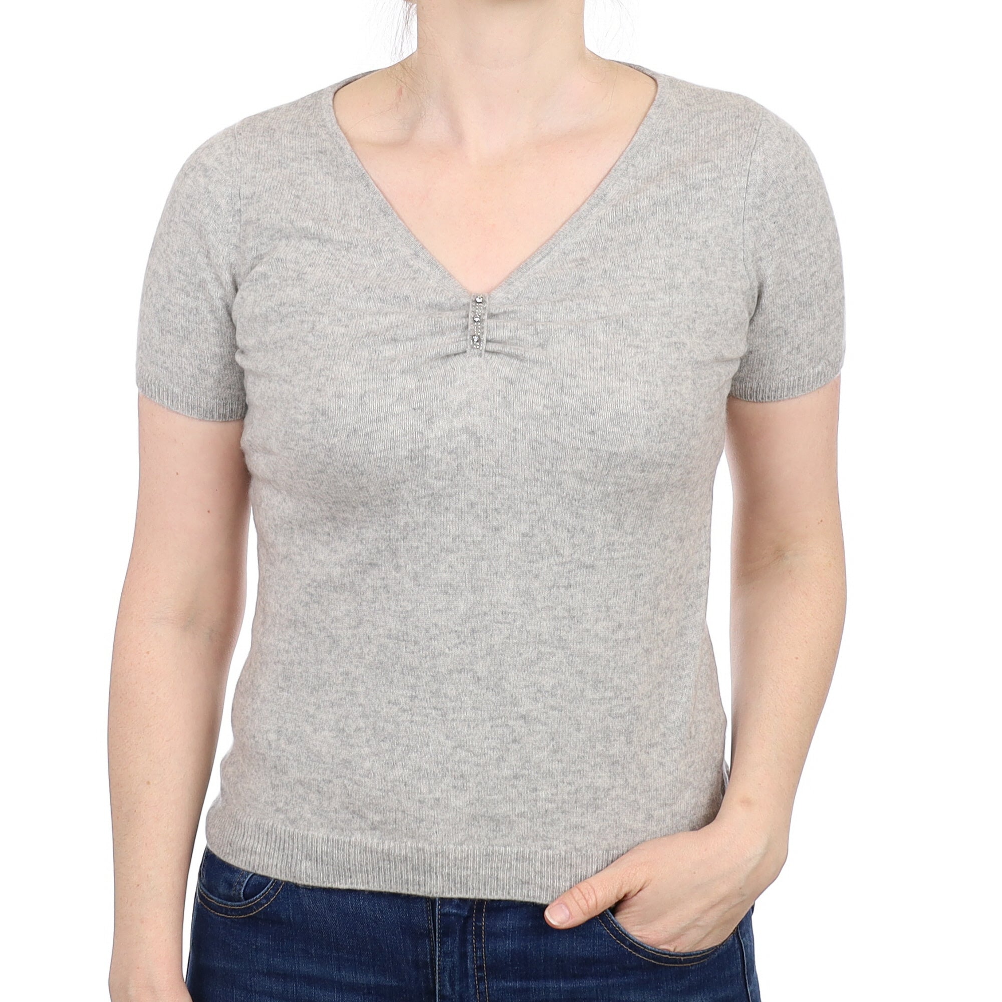 Smoke Grey Cashmere Short Sleeved V Neck Jumper Small