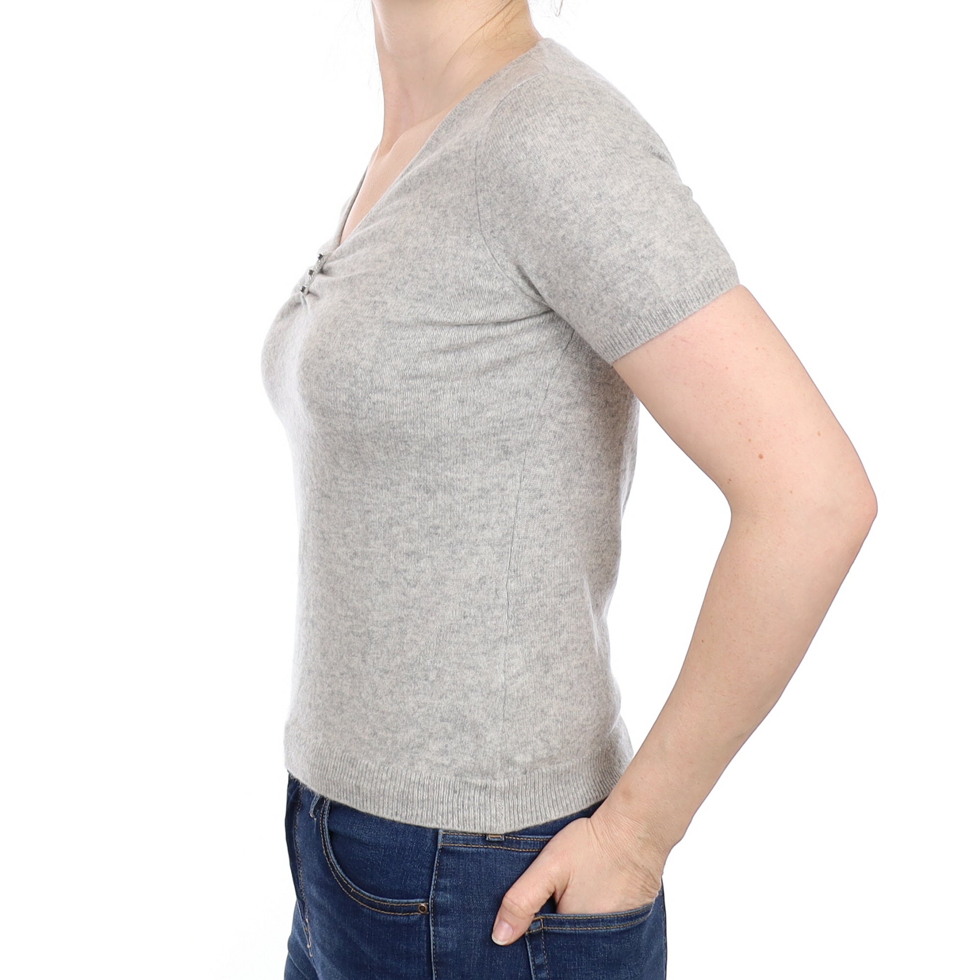 Smoke Grey Cashmere Short Sleeved V Neck Jumper Small