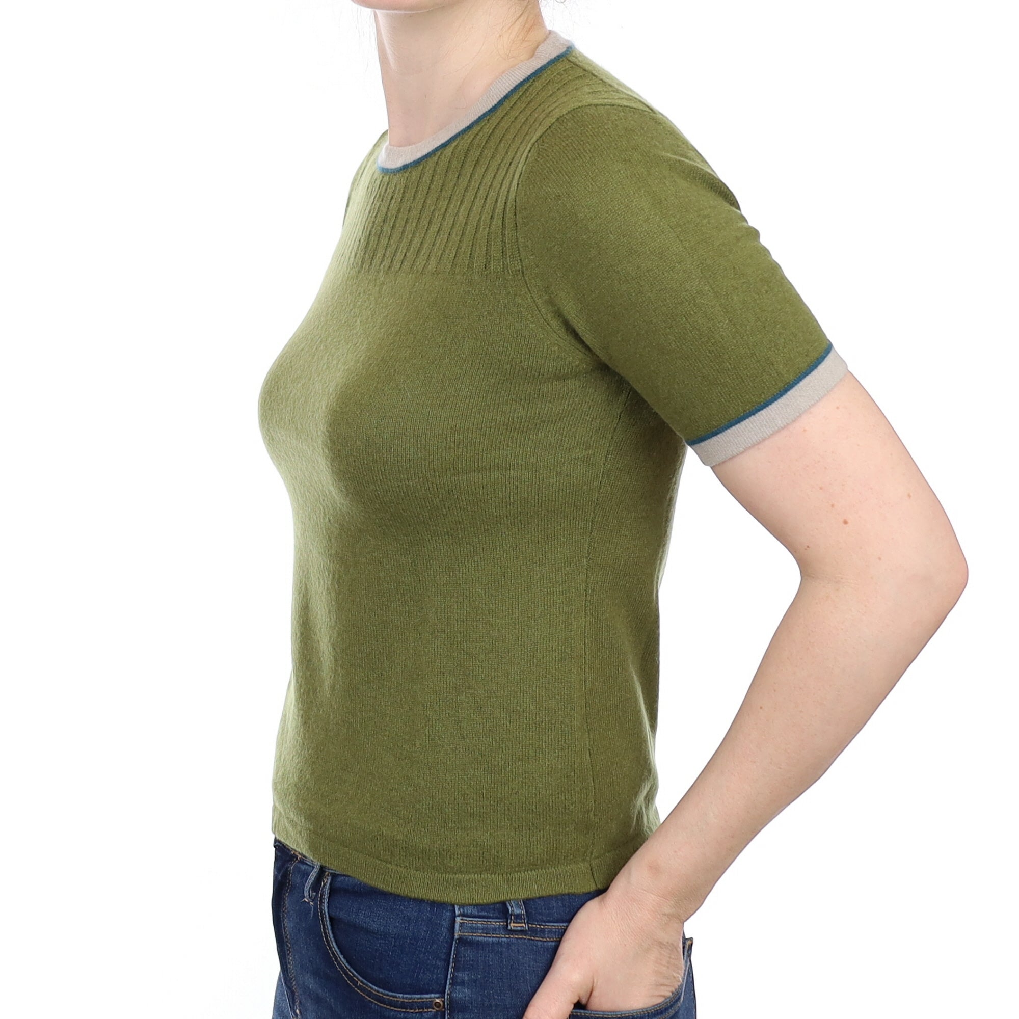Olive Green Cashmere Short Sleeved Crew Neck Jumper Small