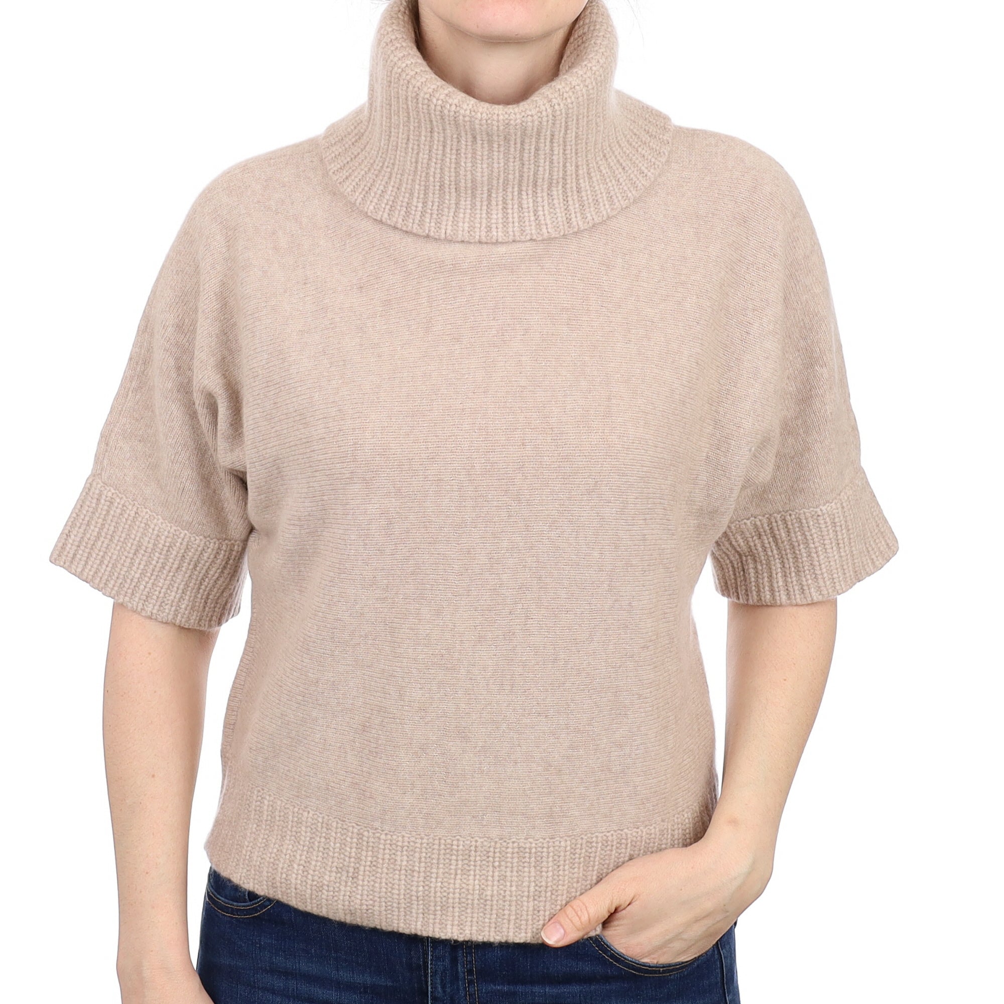 Oatmeal Cashmere Short Sleeved Polo Neck Jumper Small