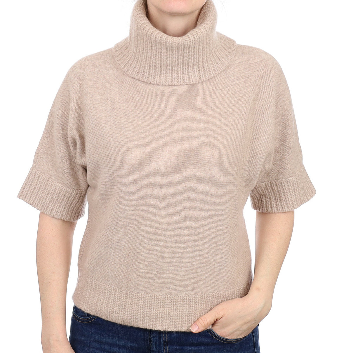Oatmeal Cashmere Short Sleeved Polo Neck Jumper Small