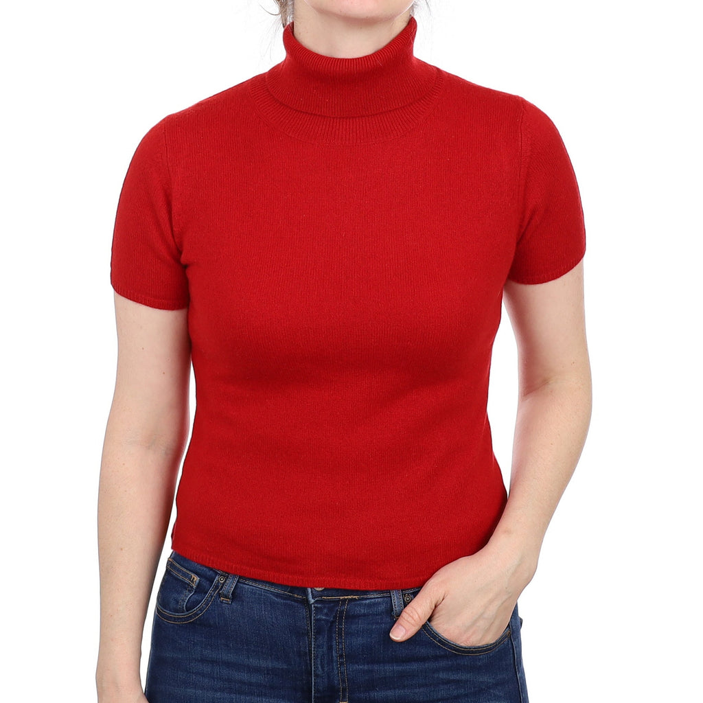 Scarlet Red Cashmere Short Sleeved Polo Neck Jumper Small
