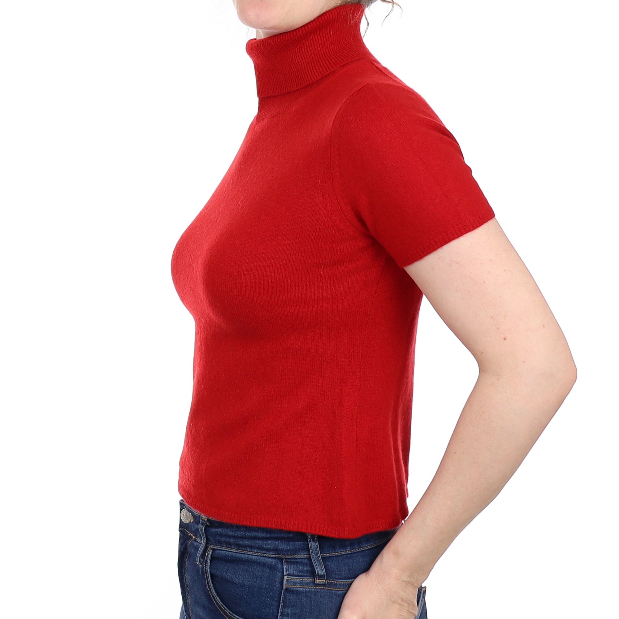 Scarlet Red Cashmere Short Sleeved Polo Neck Jumper Small