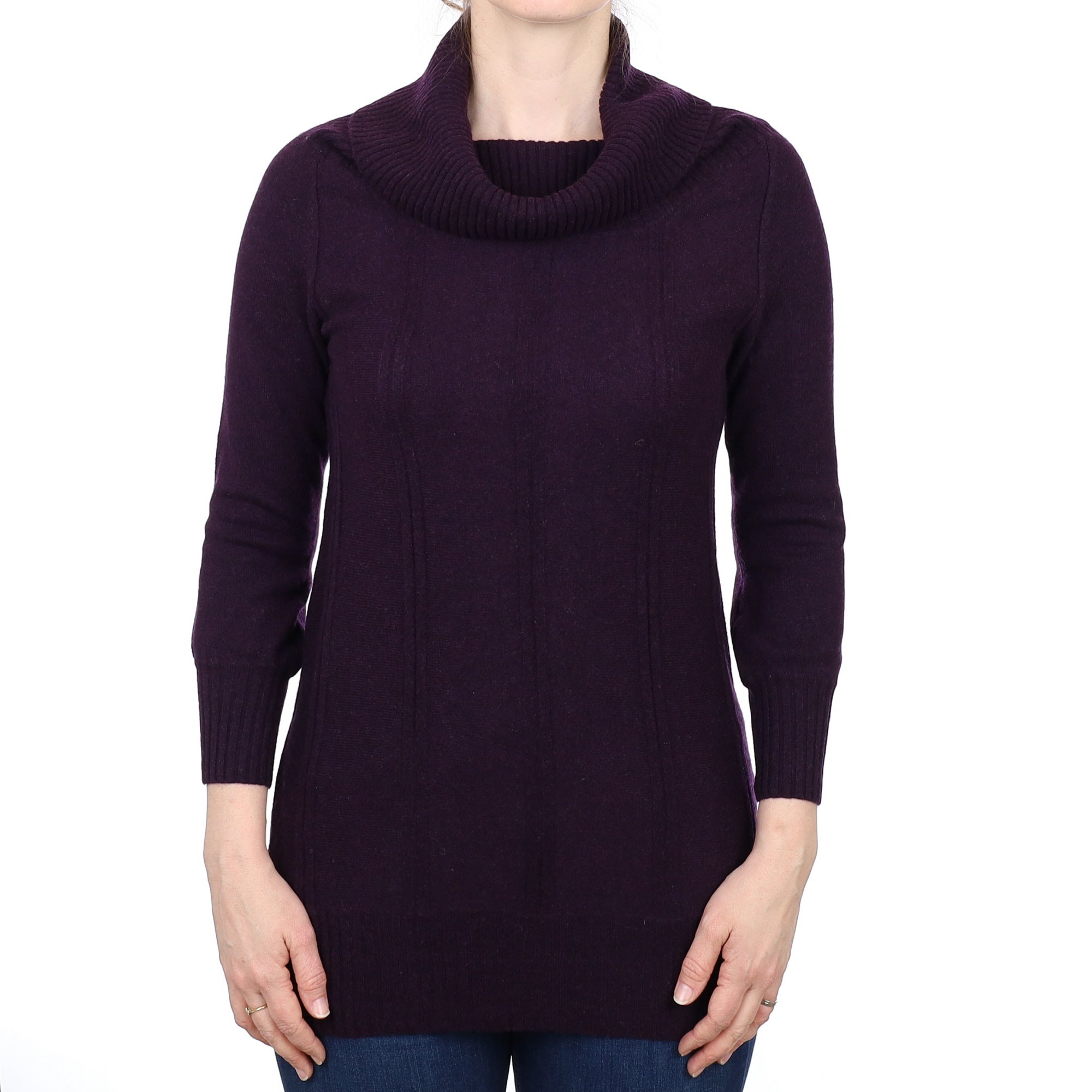 Grape Purple Ribbed Detail Cashmere Cowl Neck Jumper Small