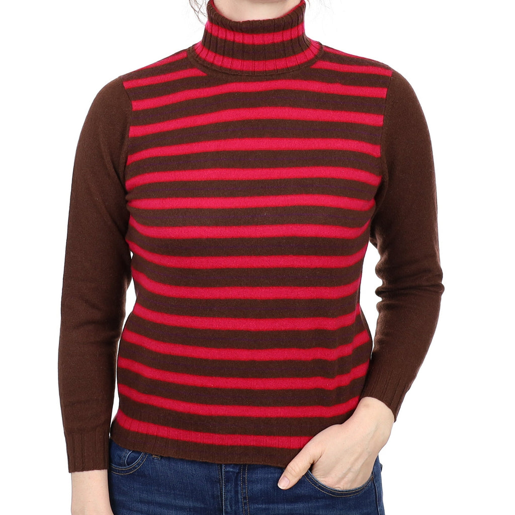 Chocolate Brown and Ruby Striped Cashmere Polo Neck Jumper Small