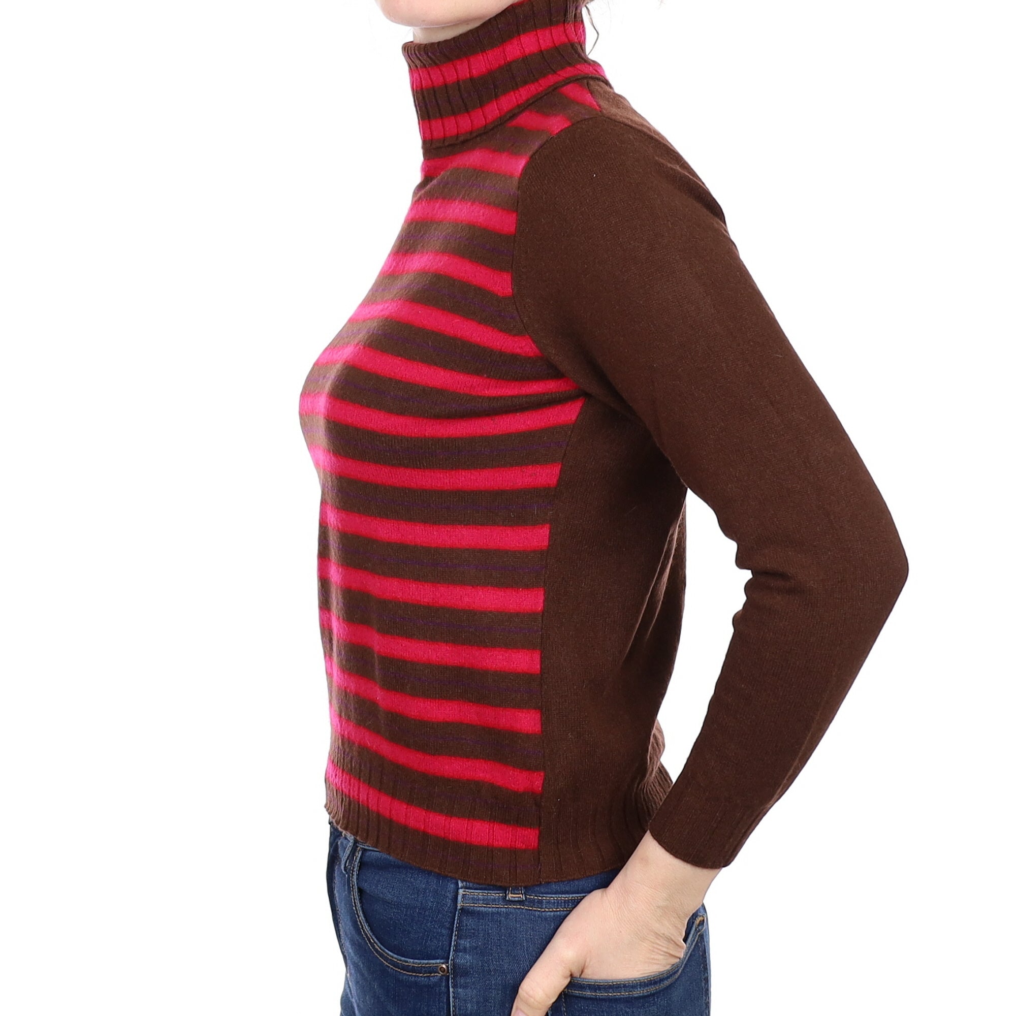 Chocolate Brown and Ruby Striped Cashmere Polo Neck Jumper Small