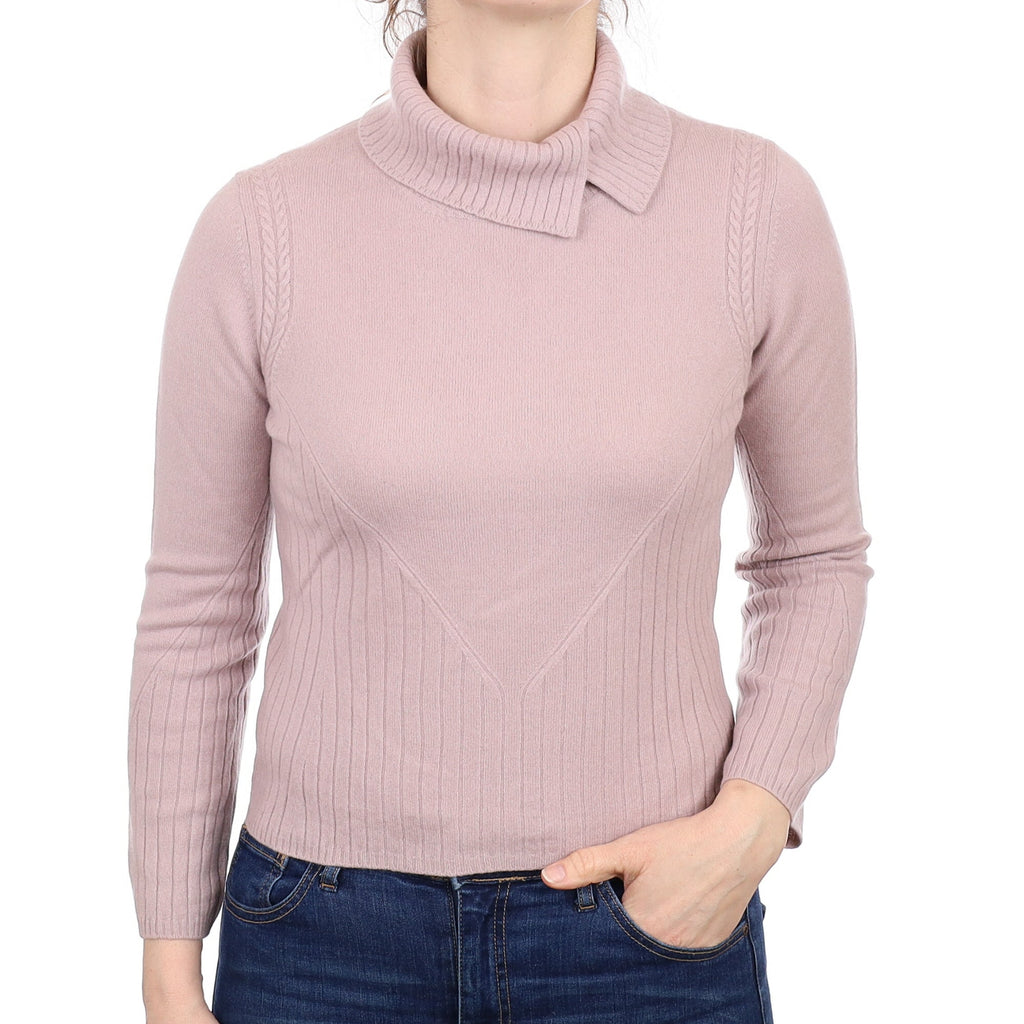 Dusky Mauve Ribbed Detail Cashmere Polo Neck Jumper Small