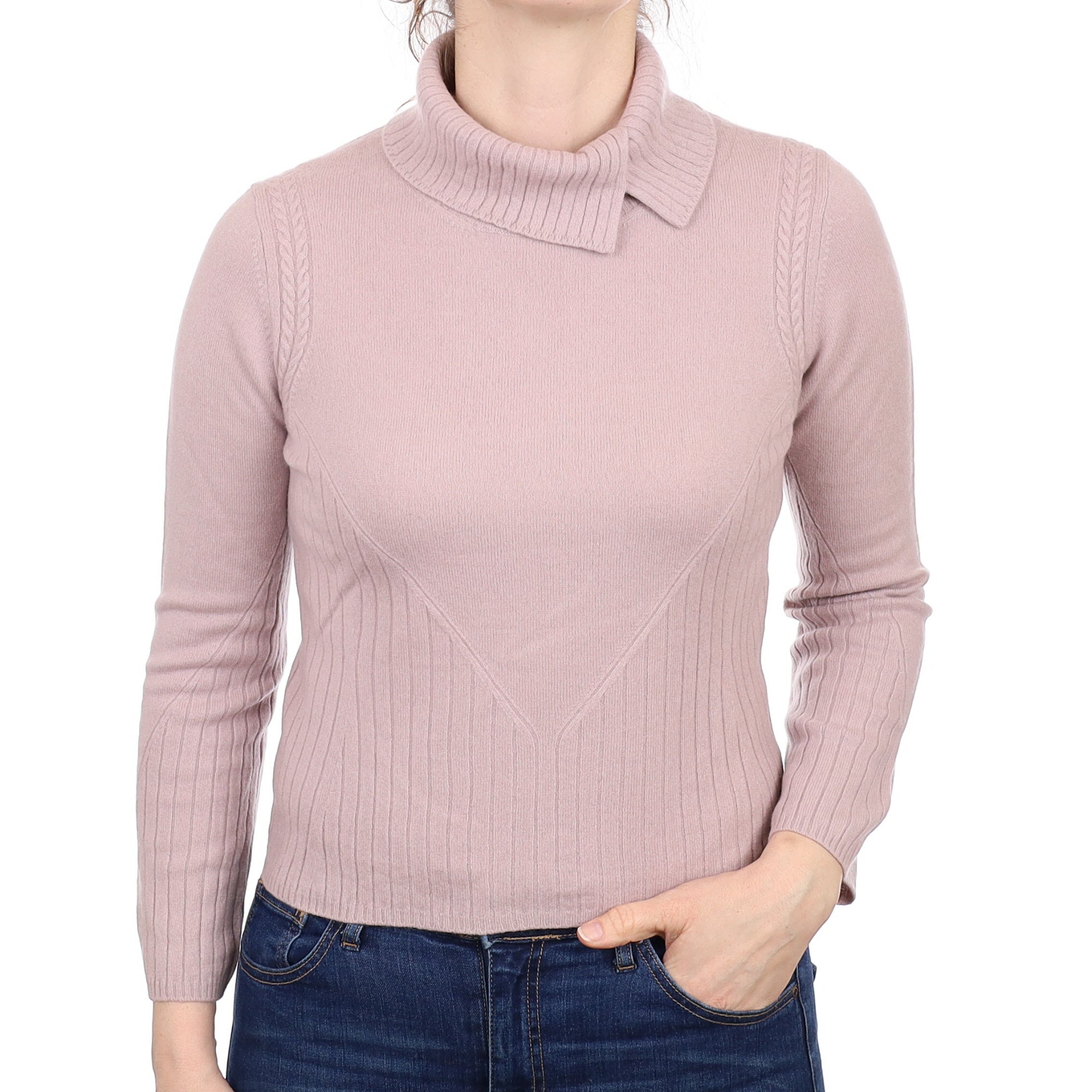 Dusky Mauve Ribbed Detail Cashmere Polo Neck Jumper Small