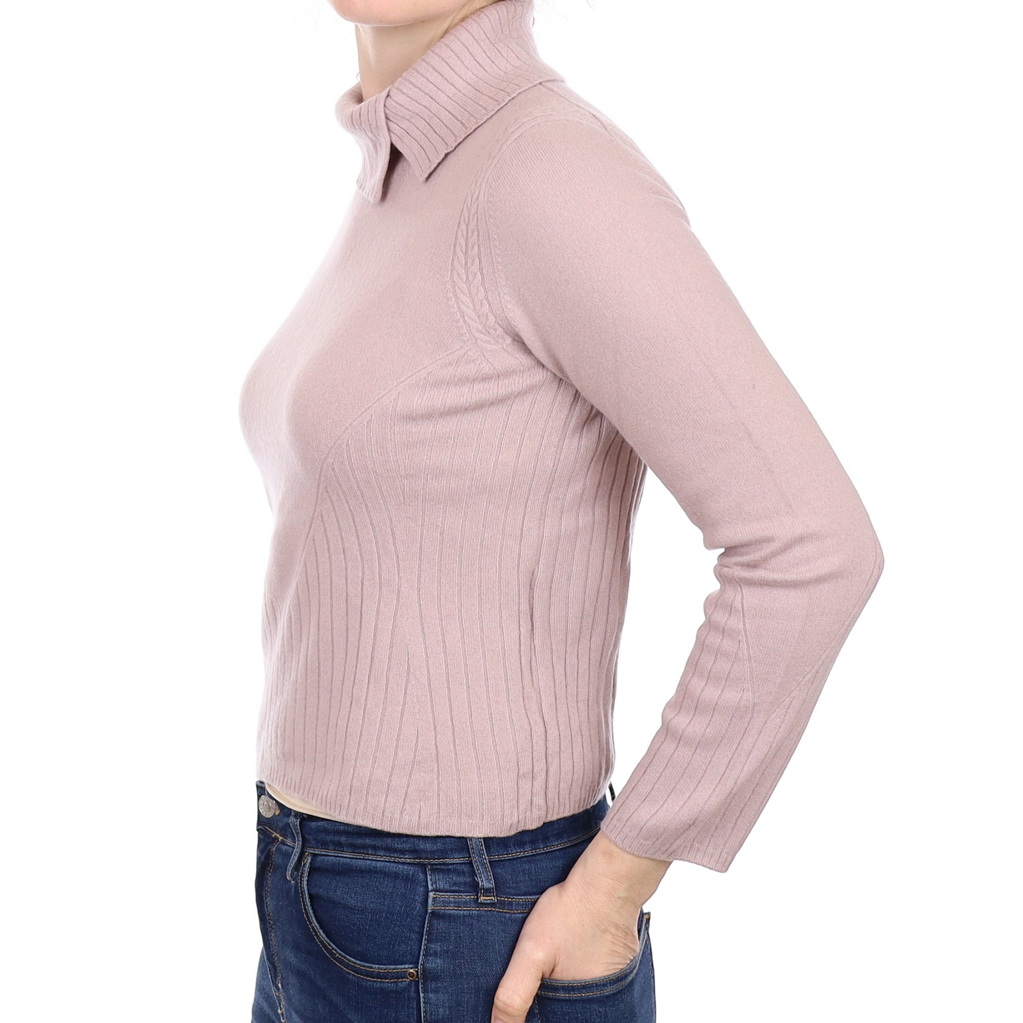 Dusky Mauve Ribbed Detail Cashmere Polo Neck Jumper Small