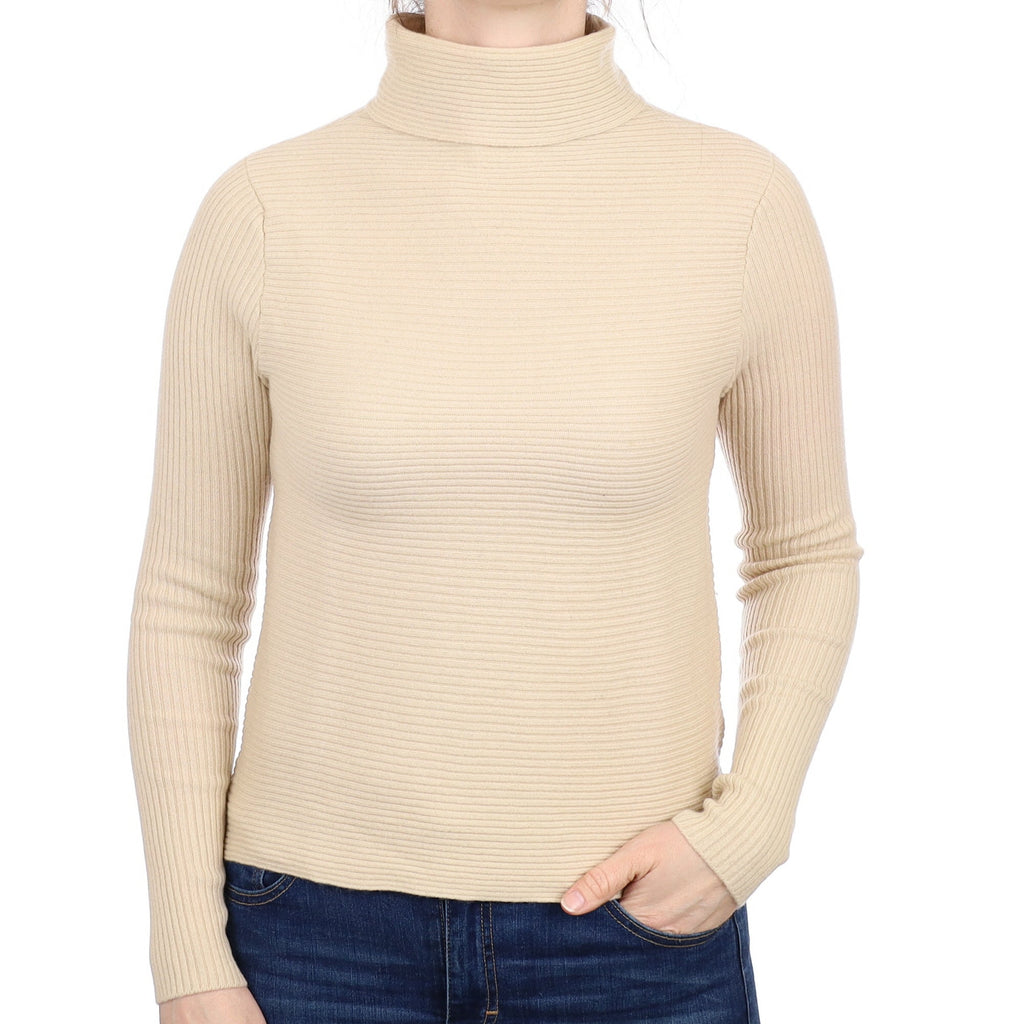 Beige Ribbed Cashmere Polo Neck Jumper Small
