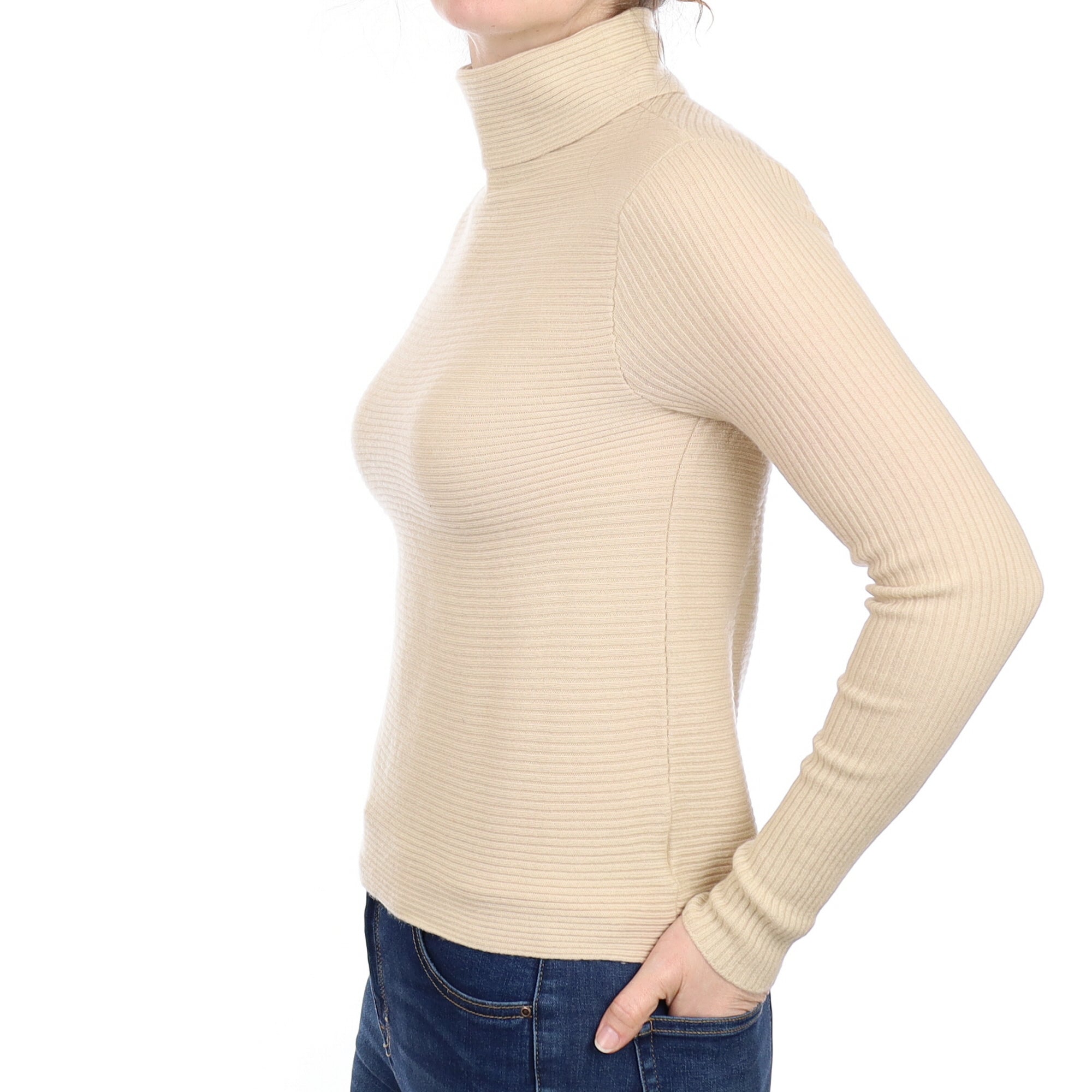 Beige Ribbed Cashmere Polo Neck Jumper Small