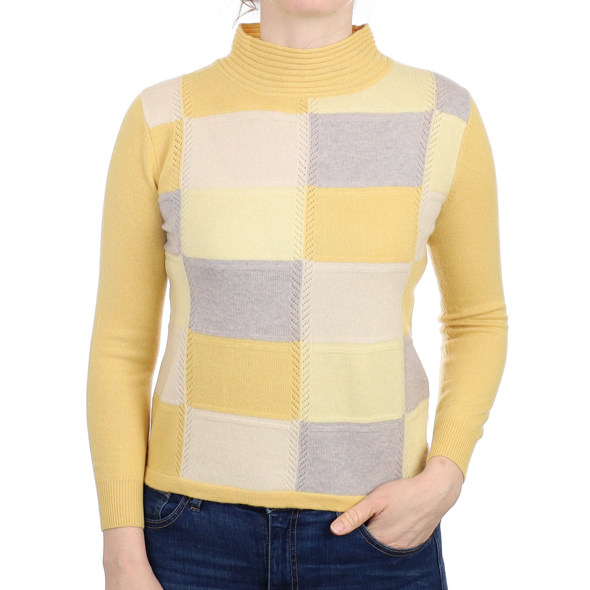 Yellow Block Pattern Cashmere Turtle Neck Jumper Small