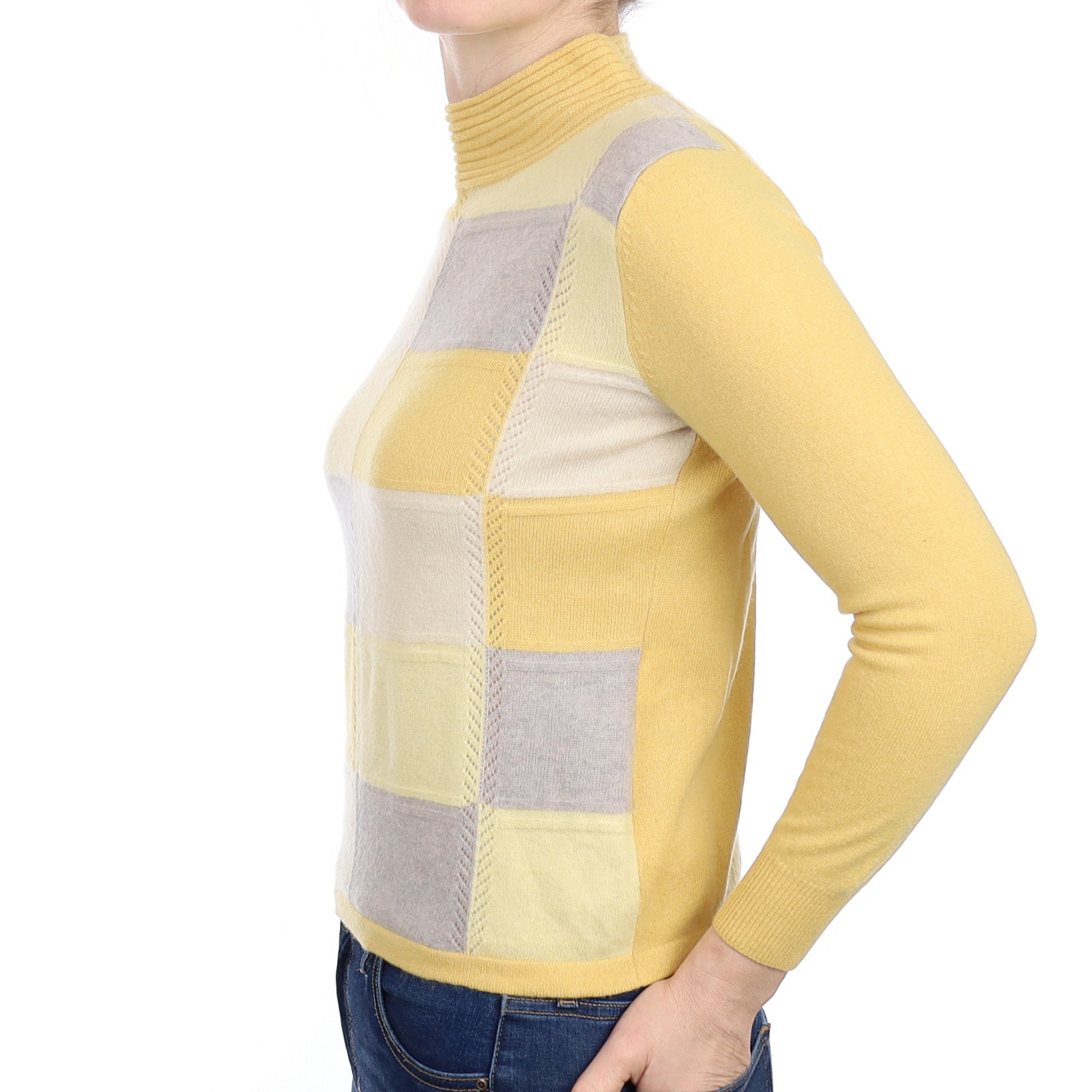 Yellow Block Pattern Cashmere Turtle Neck Jumper Small