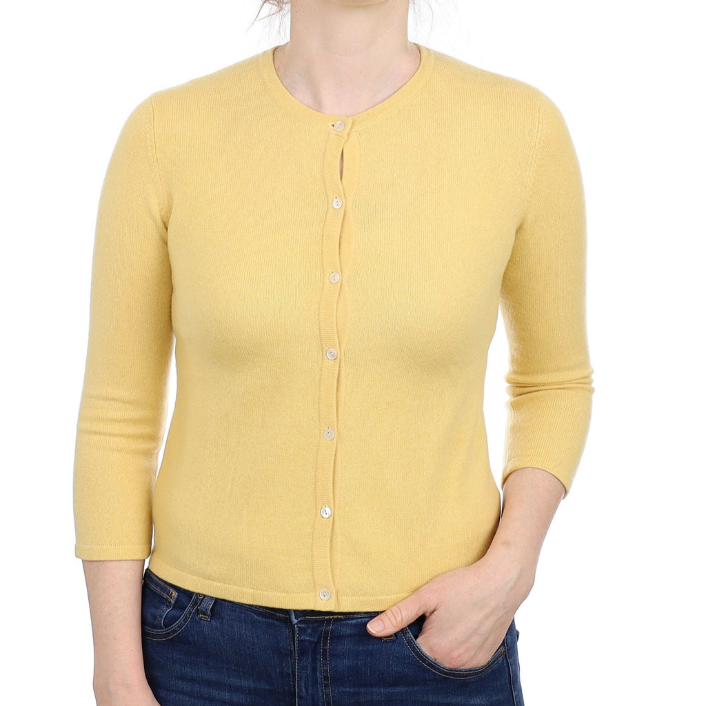 Custard Yellow Cashmere Crew Neck Cardigan Small
