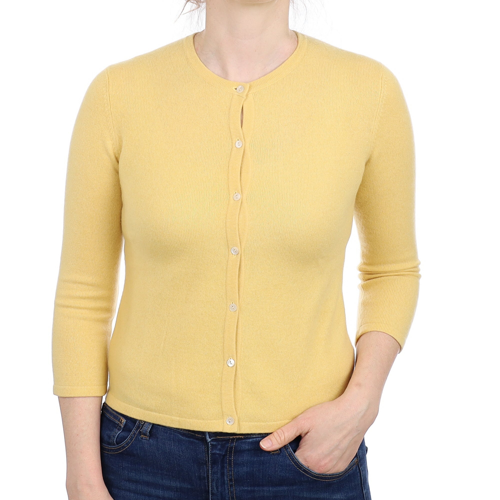 Custard Yellow Cashmere Crew Neck Cardigan Small