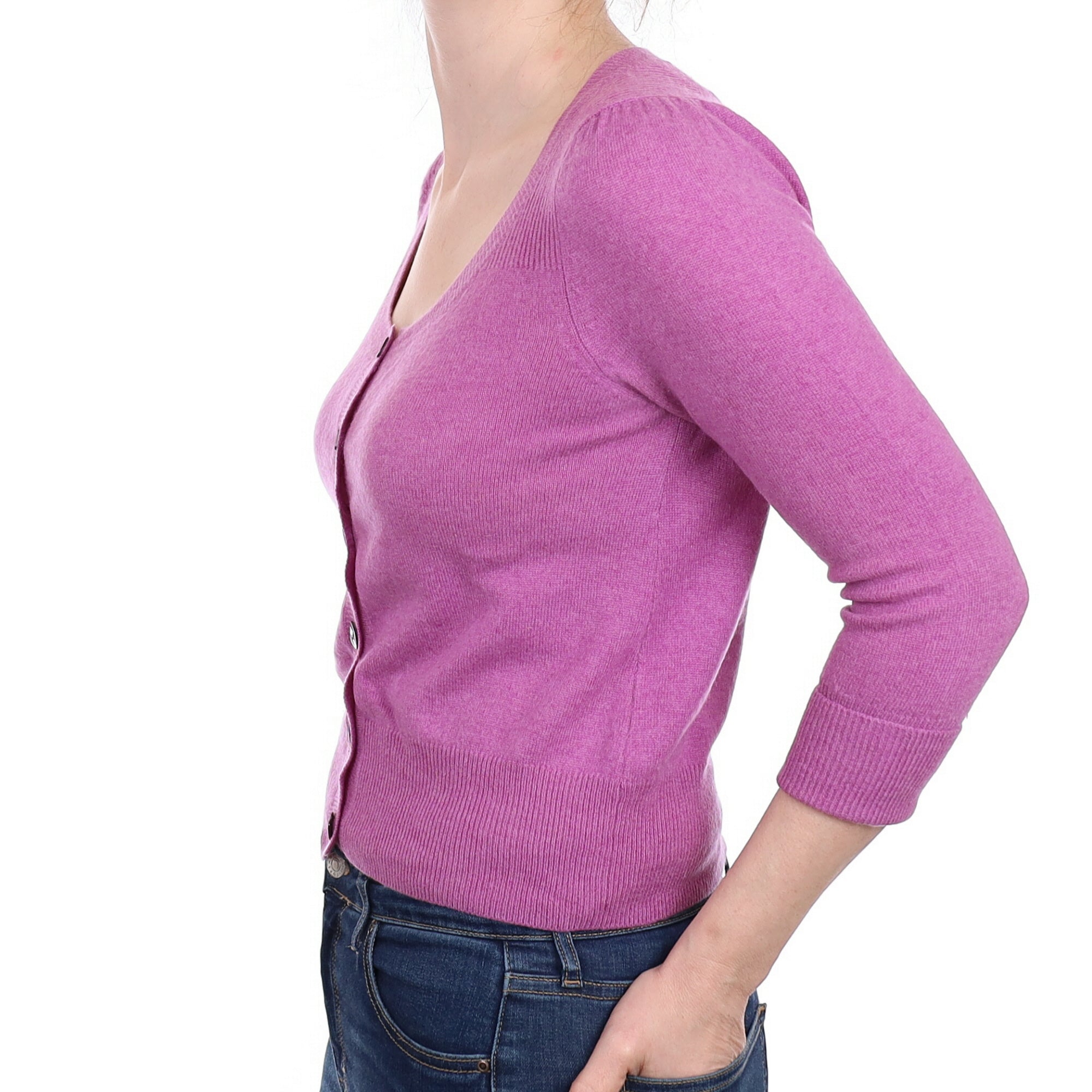 Heather Purple Cashmere Scoop Neck Cardigan with 3/4 Sleeves Small