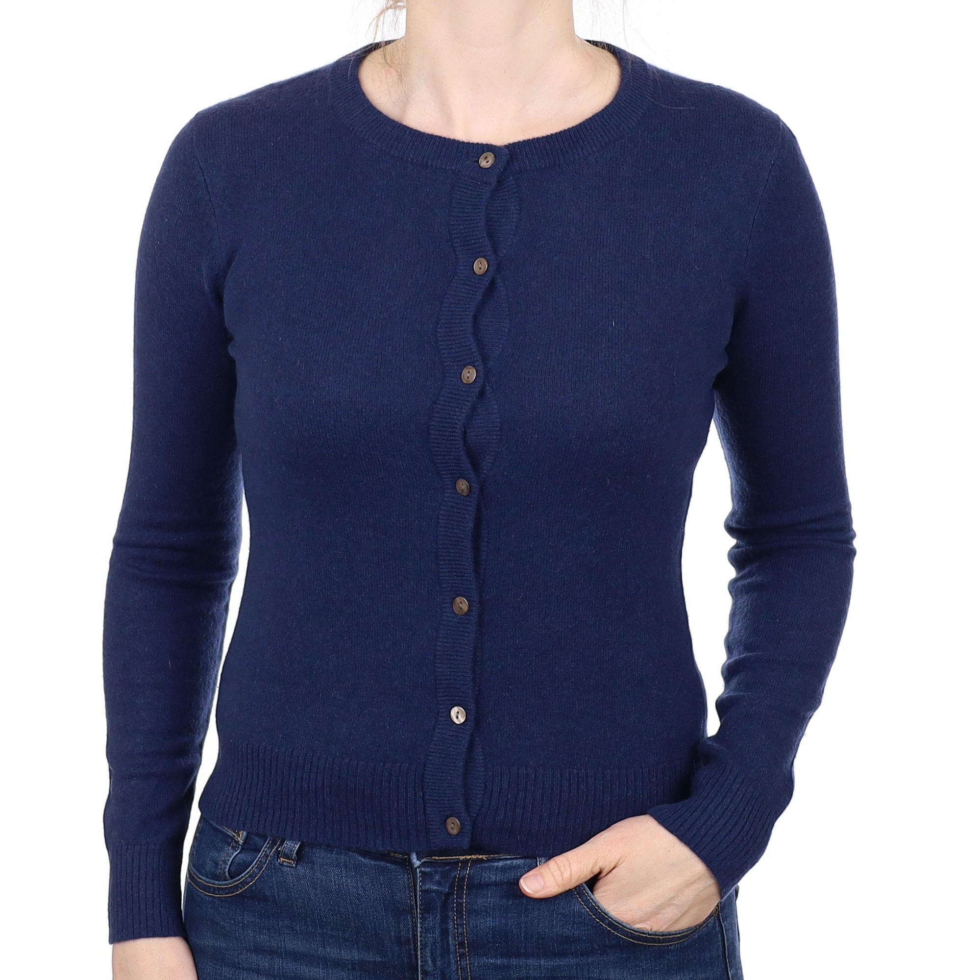 French Navy Cashmere Crew Neck Cardigan Small