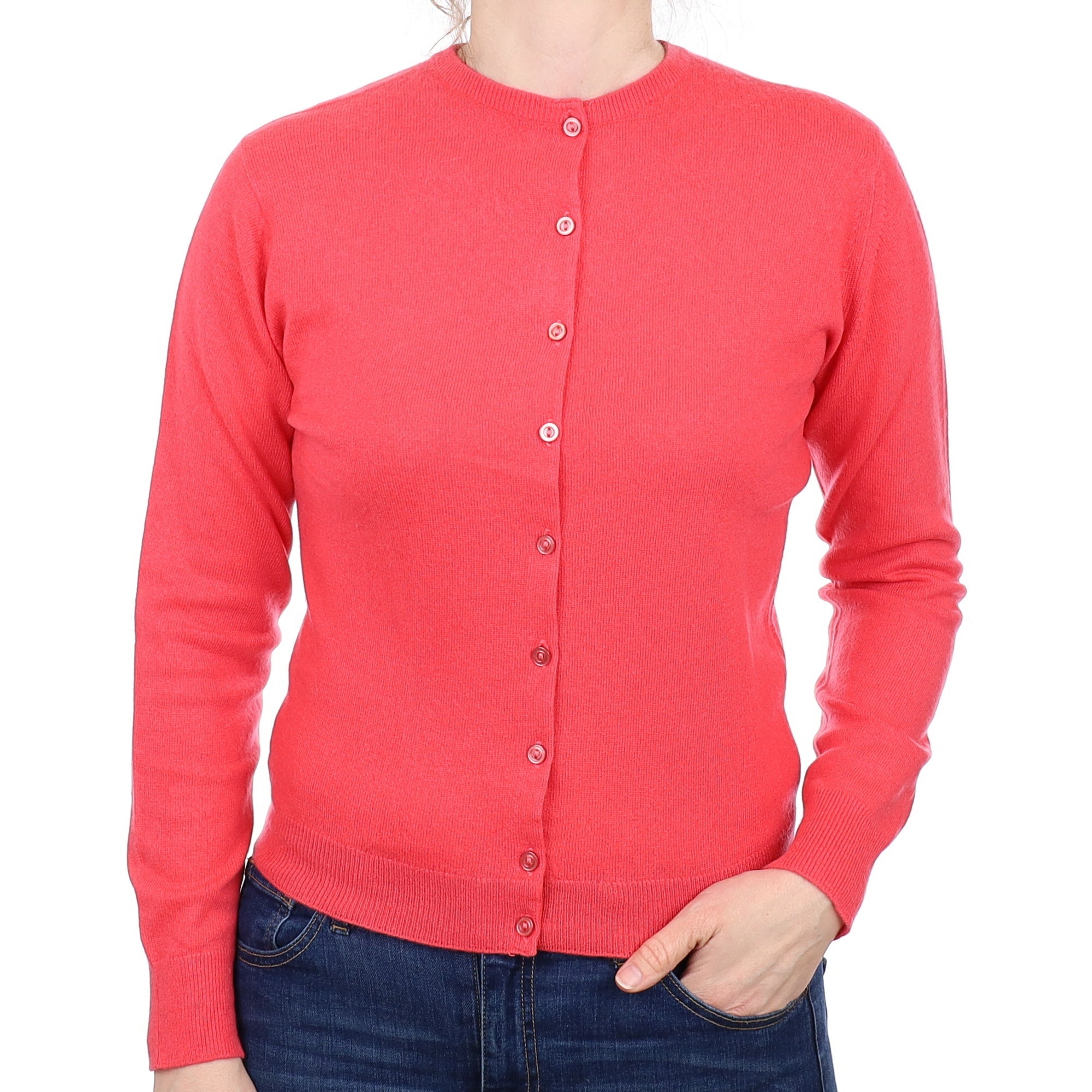 Pringle Deep Coral Pink Cashmere Crew Neck Cardigan Small