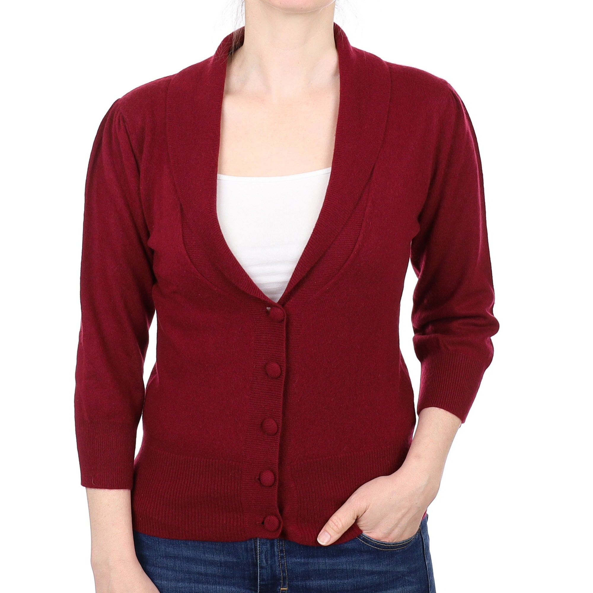 Burgundy Cashmere Shawl Collar V Neck Cardigan Small