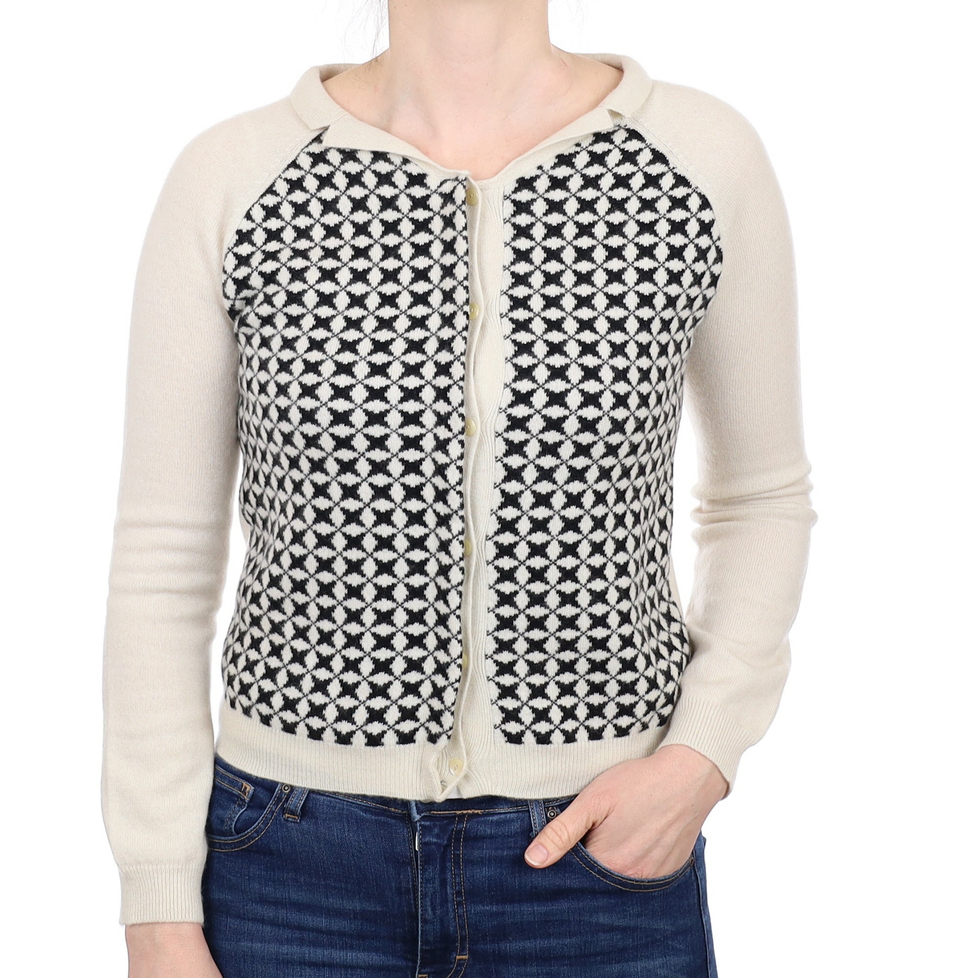 Cream and Black Patterned Collared Cashmere Cardigan Small