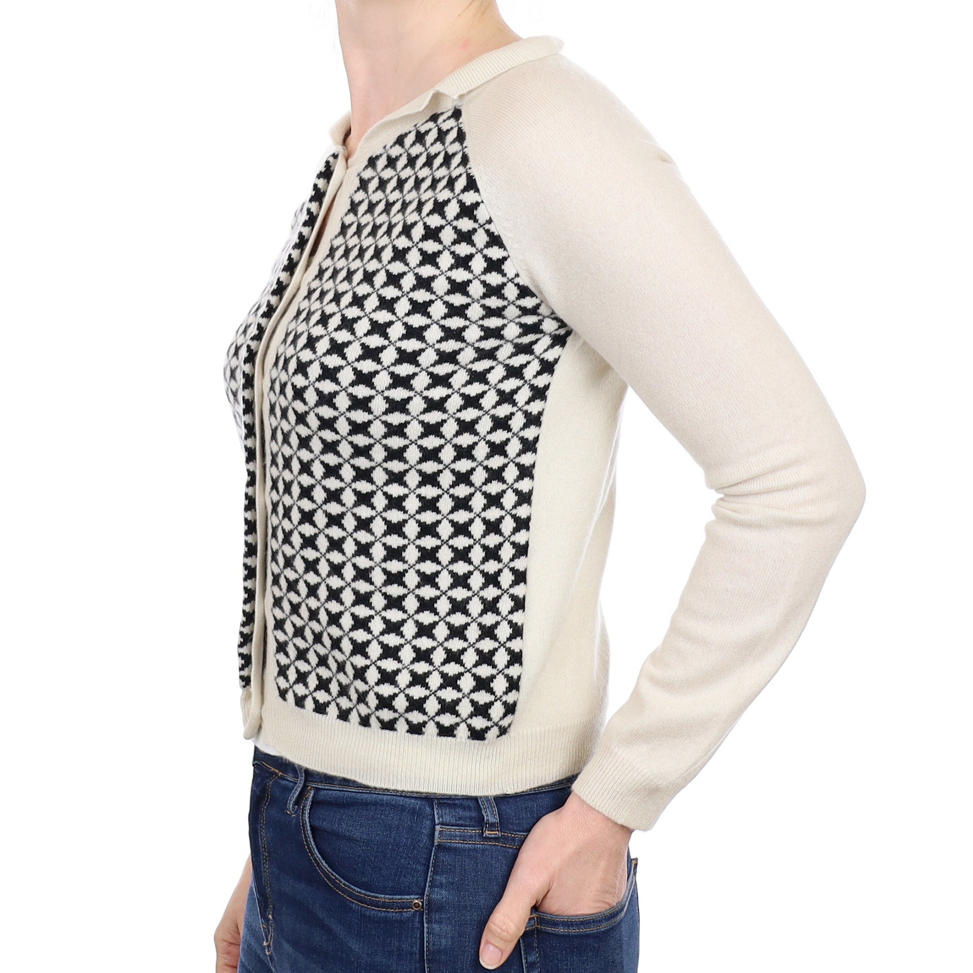Cream and Black Patterned Collared Cashmere Cardigan Small
