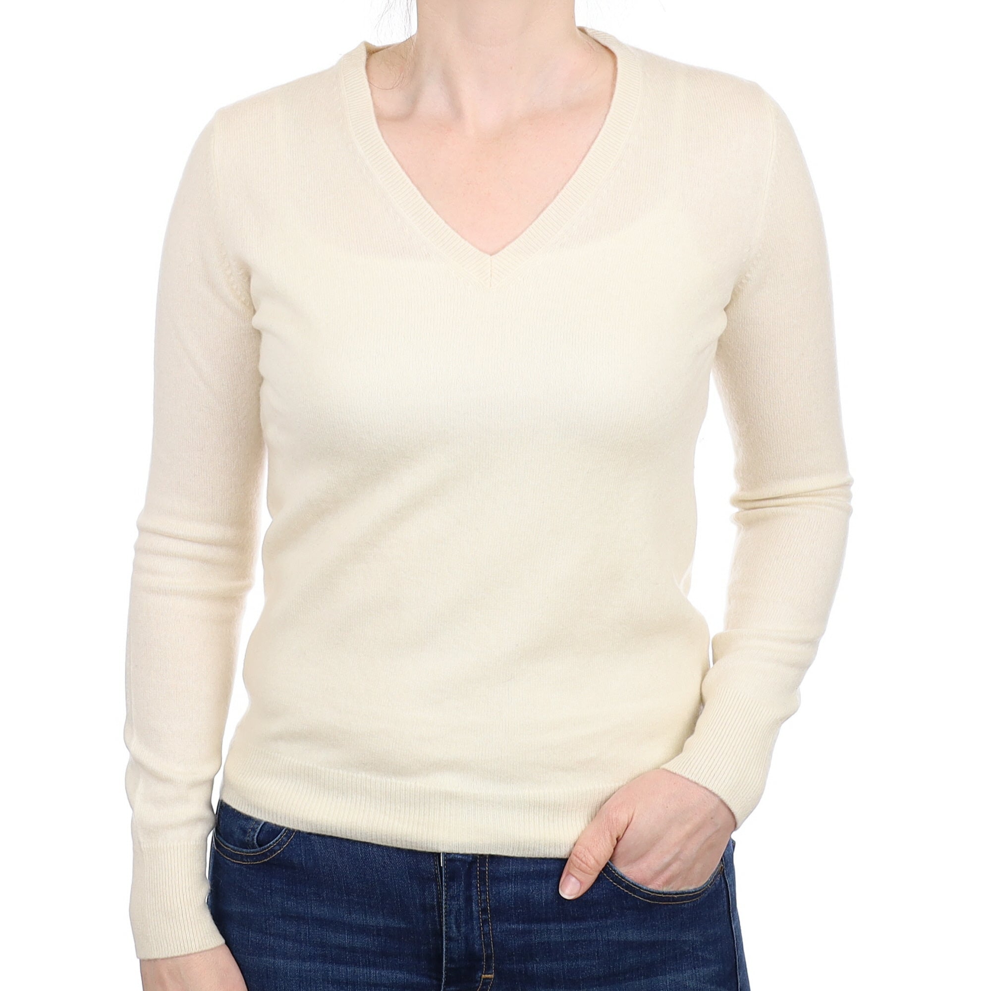 Vanilla Cream Cashmere V Neck Jumper Small