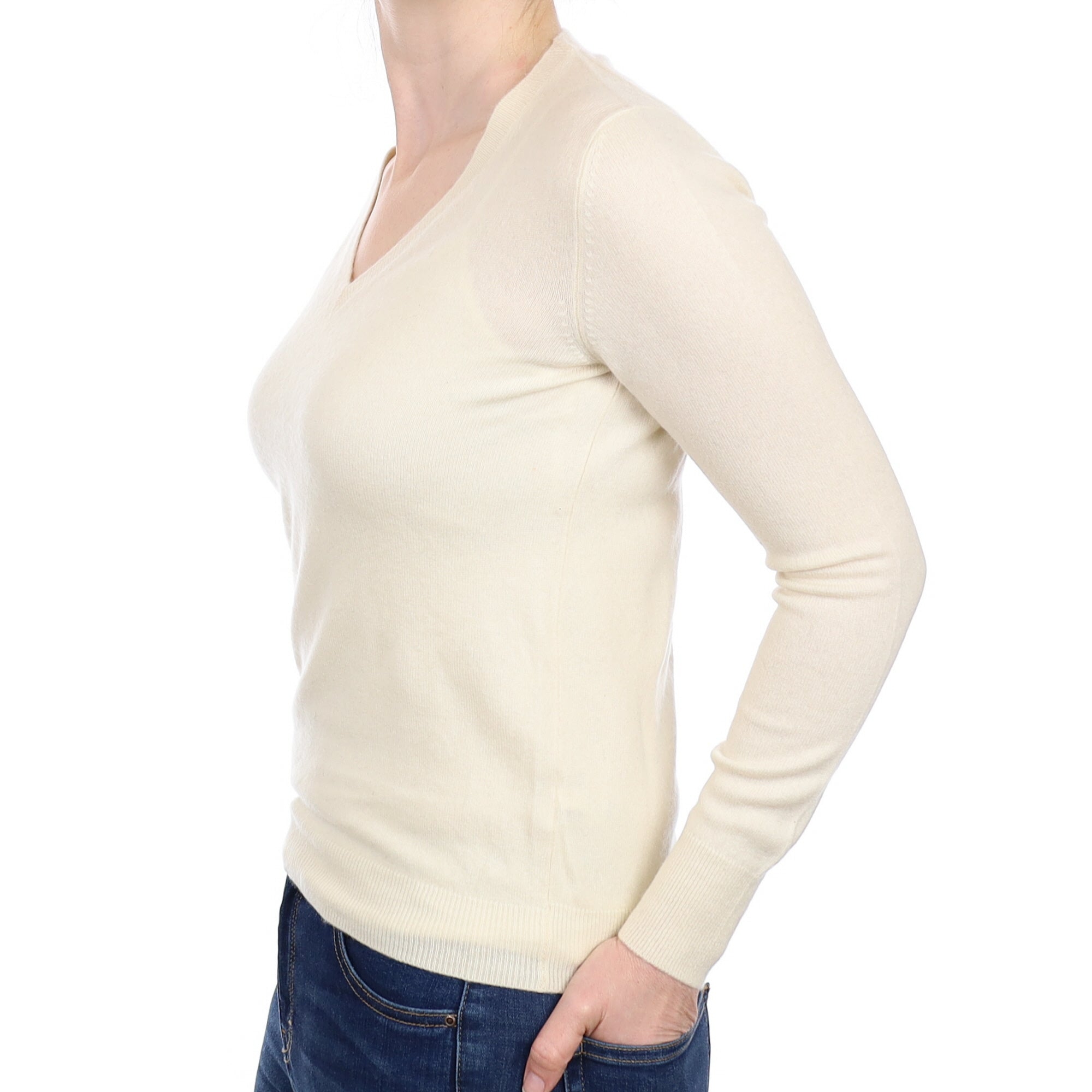 Vanilla Cream Cashmere V Neck Jumper Small