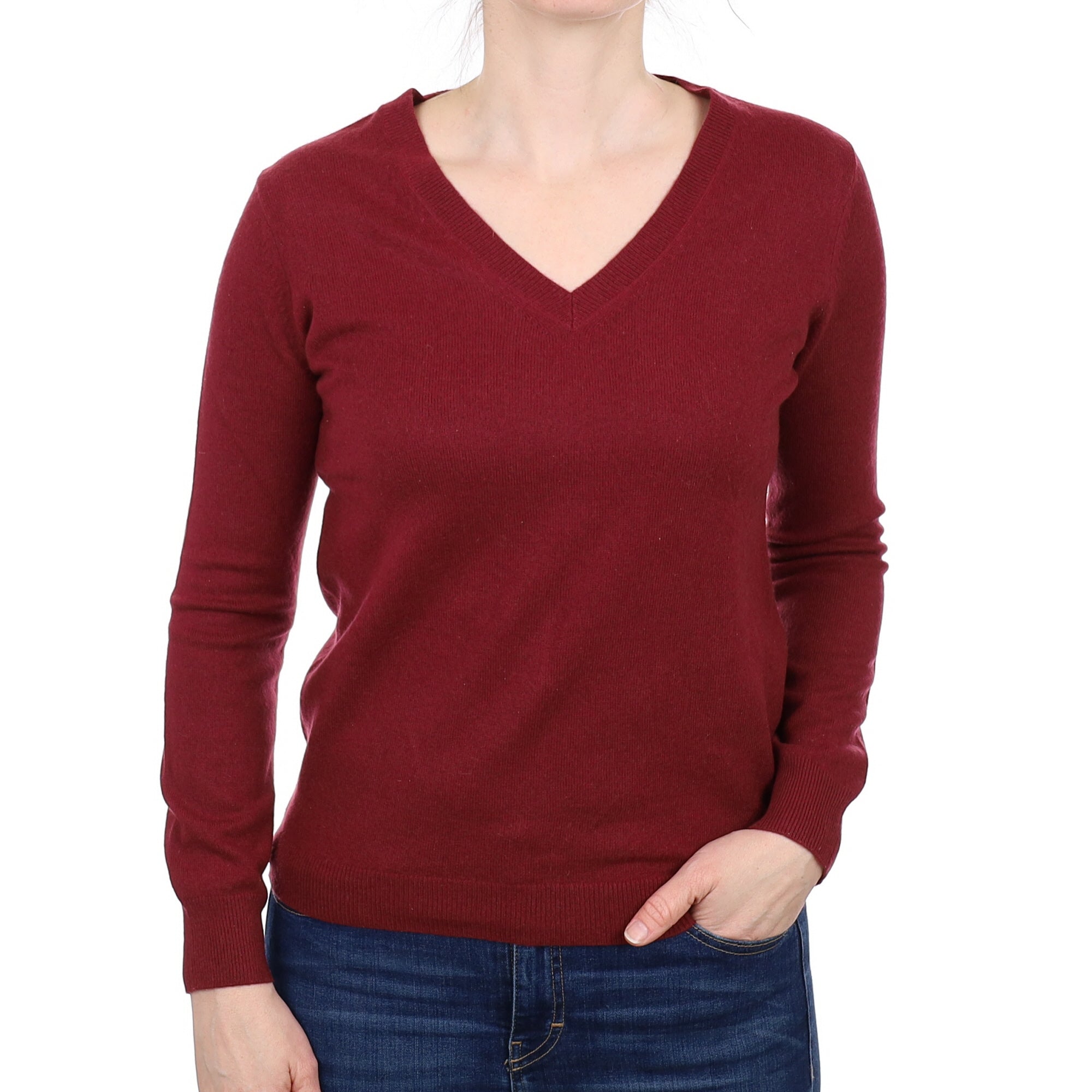 Burgundy Cashmere V Neck Jumper Small